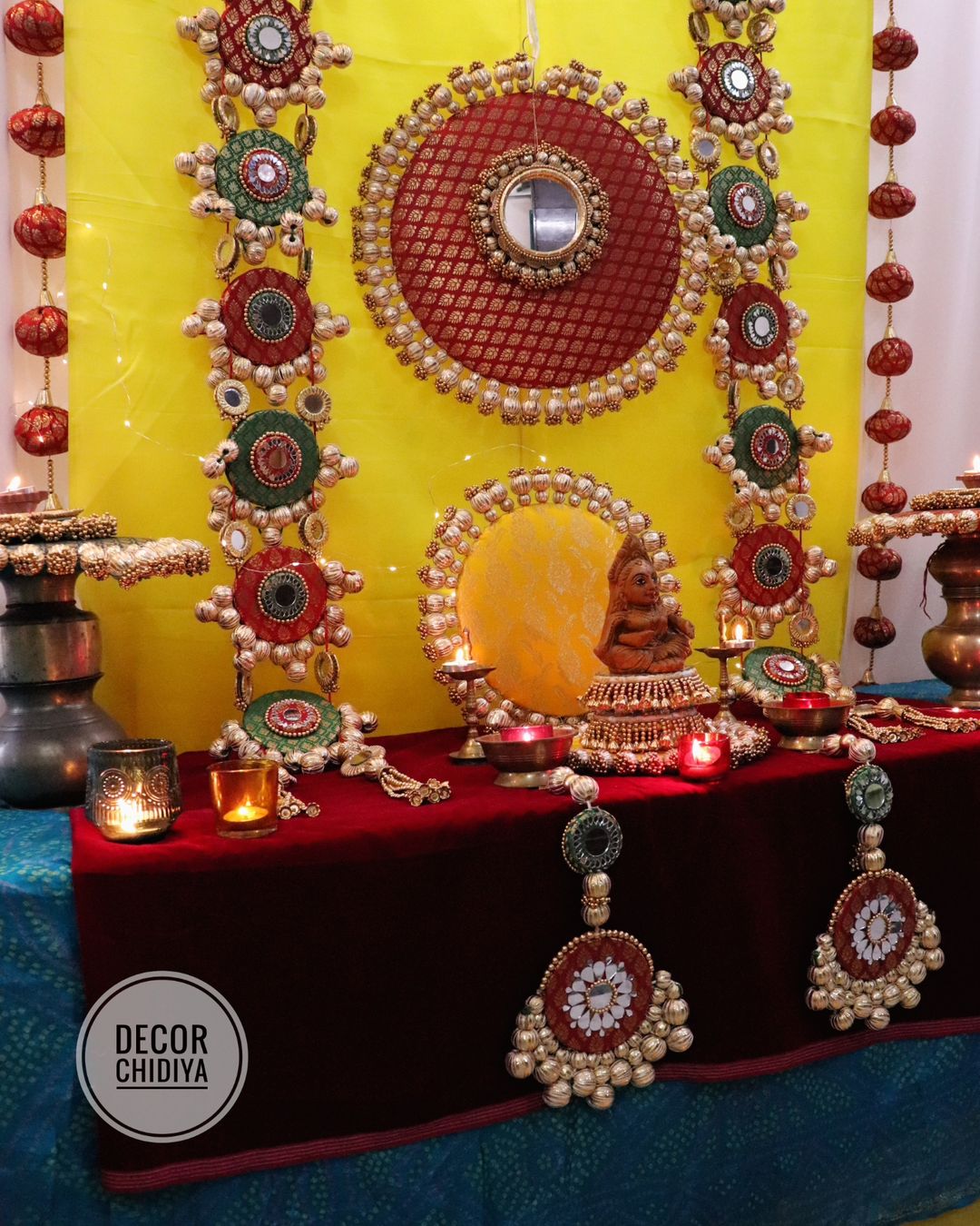 Papiha - The bird theme multicolor banarasi pooja temple decoration set - Multicolor