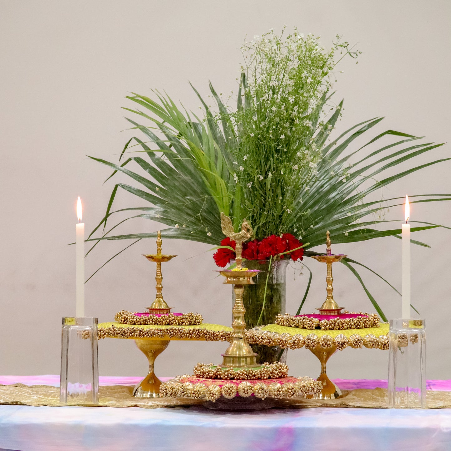 Sunny Blooms: Yellow and Pink Placemat Set with Brass Stands