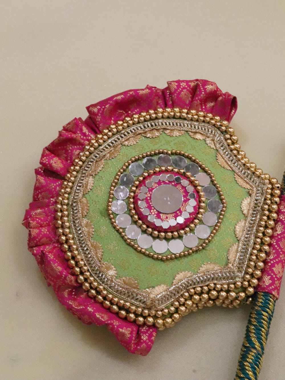 Pistachio and Pink - Beejana or handfan in Banarasi fabric and mirrorwork detail