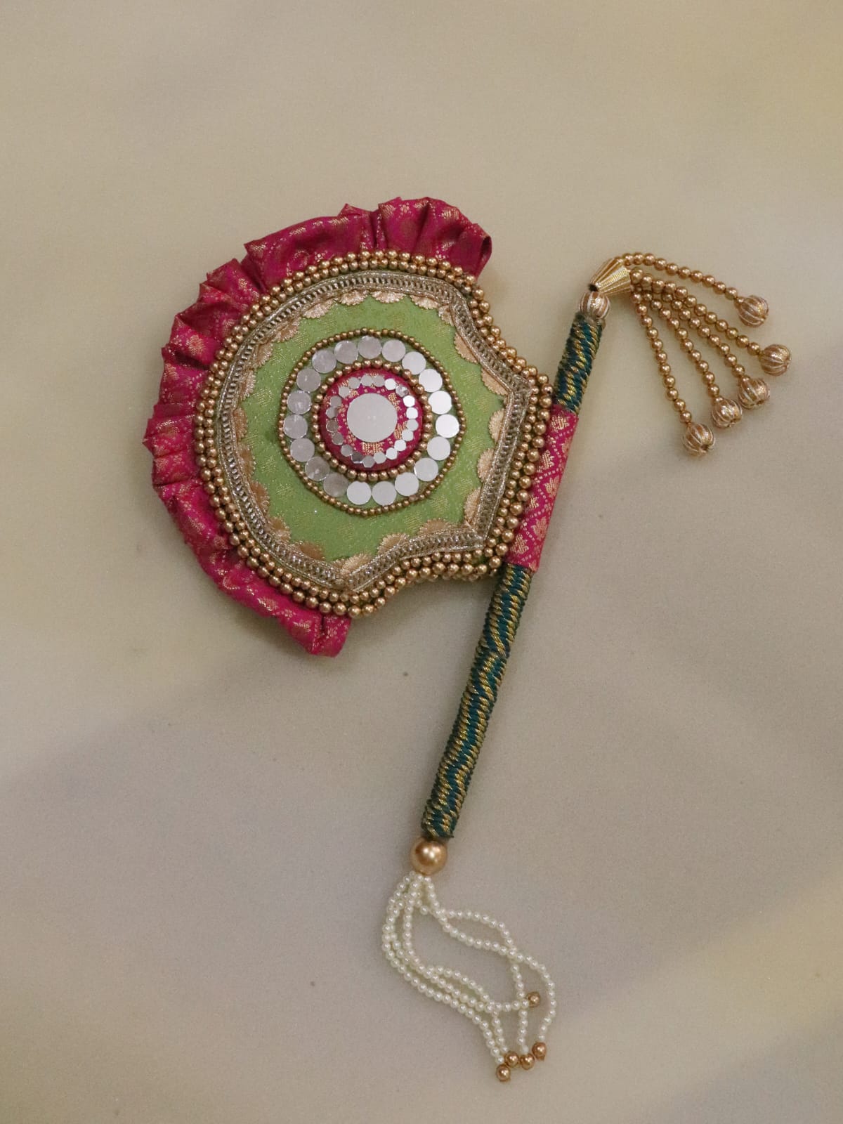 Pistachio and Pink - Beejana or handfan in Banarasi fabric and mirrorwork detail