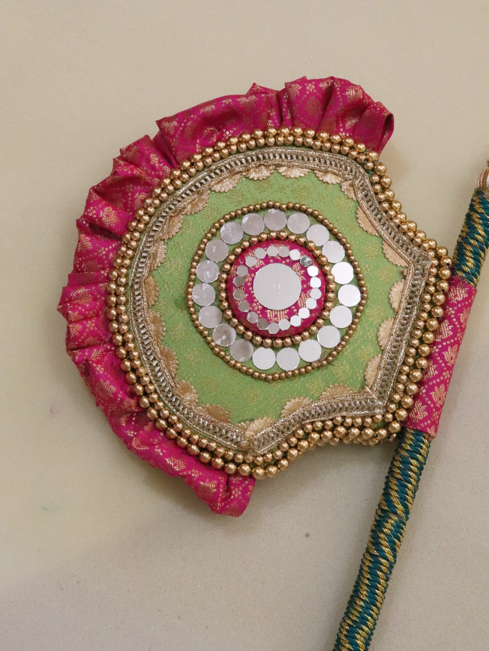 Pistachio and Pink - Beejana or handfan in Banarasi fabric and mirrorwork detail