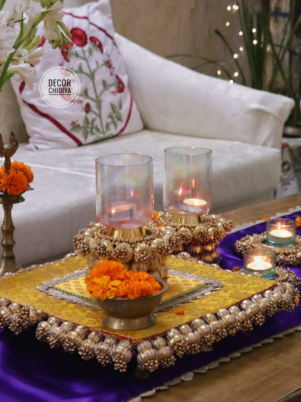 Utsav Coffee Table Decor Set – Yellow, Gold & Violet Festive Centerpiece