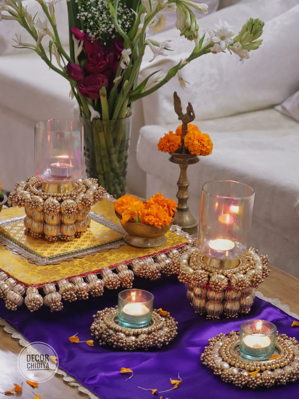 Utsav Coffee Table Decor Set – Yellow, Gold & Violet Festive Centerpiece