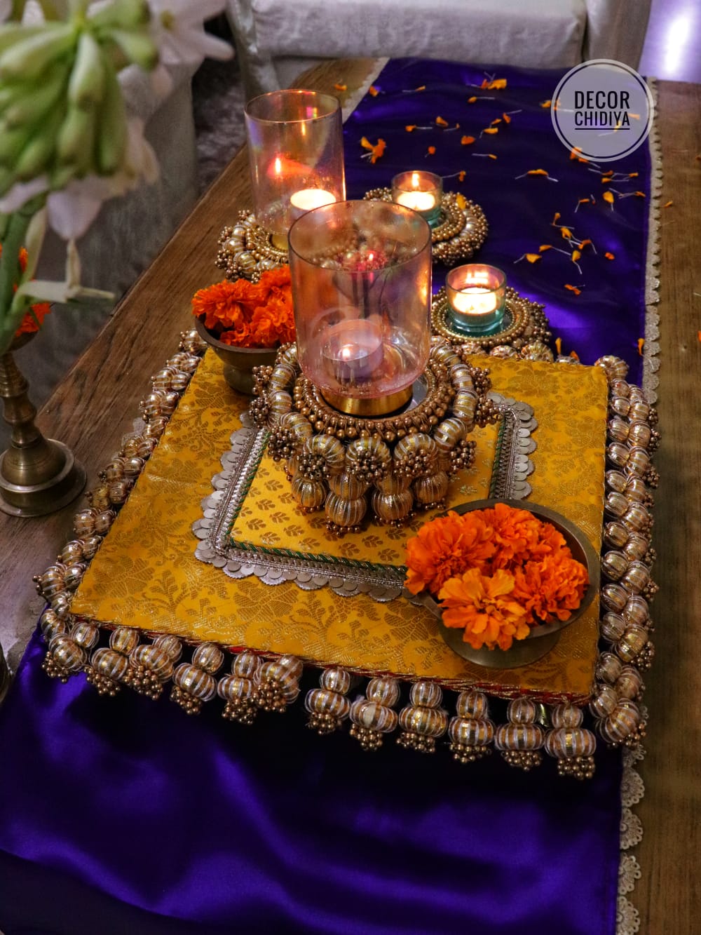 Utsav Coffee Table Decor Set – Yellow, Gold & Violet Festive Centerpiece