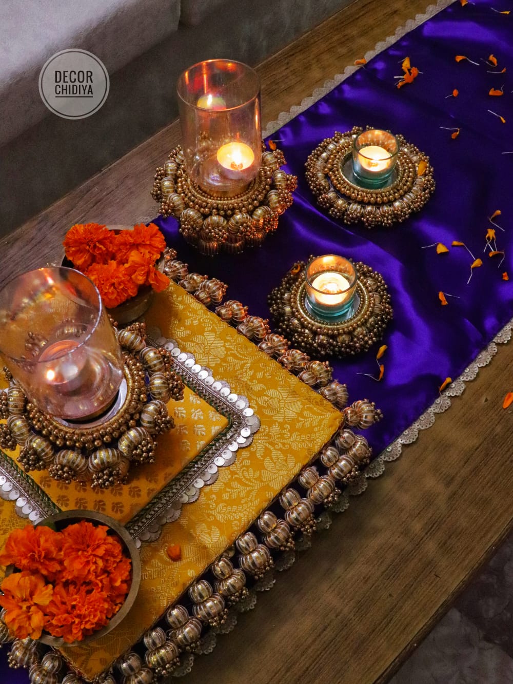 Utsav Coffee Table Decor Set – Yellow, Gold & Violet Festive Centerpiece
