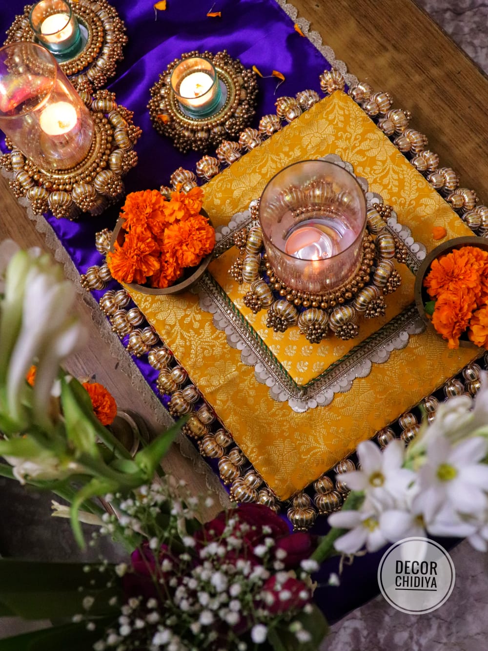 Utsav Coffee Table Decor Set – Yellow, Gold & Violet Festive Centerpiece