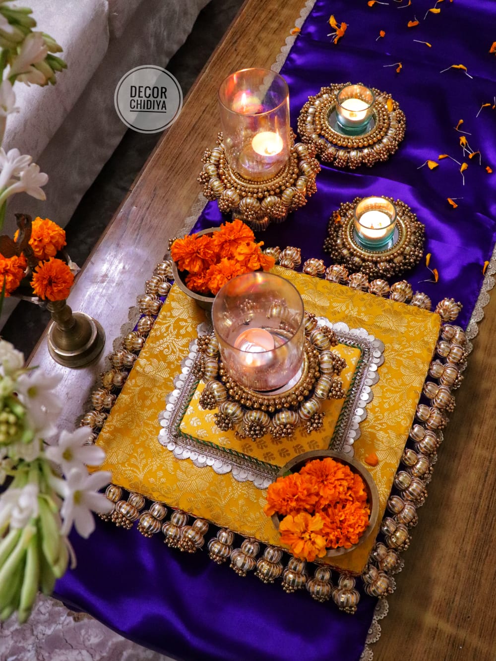 Utsav Coffee Table Decor Set – Yellow, Gold & Violet Festive Centerpiece
