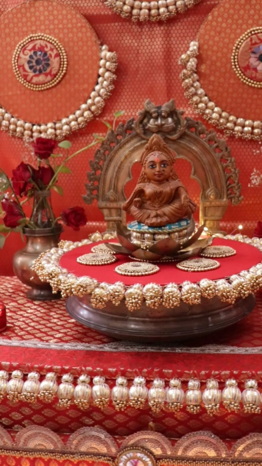Sindoori Saaj – All Red Banarasi Pooja Temple Decoration Set | Traditional Red & Gold Mandir Decor