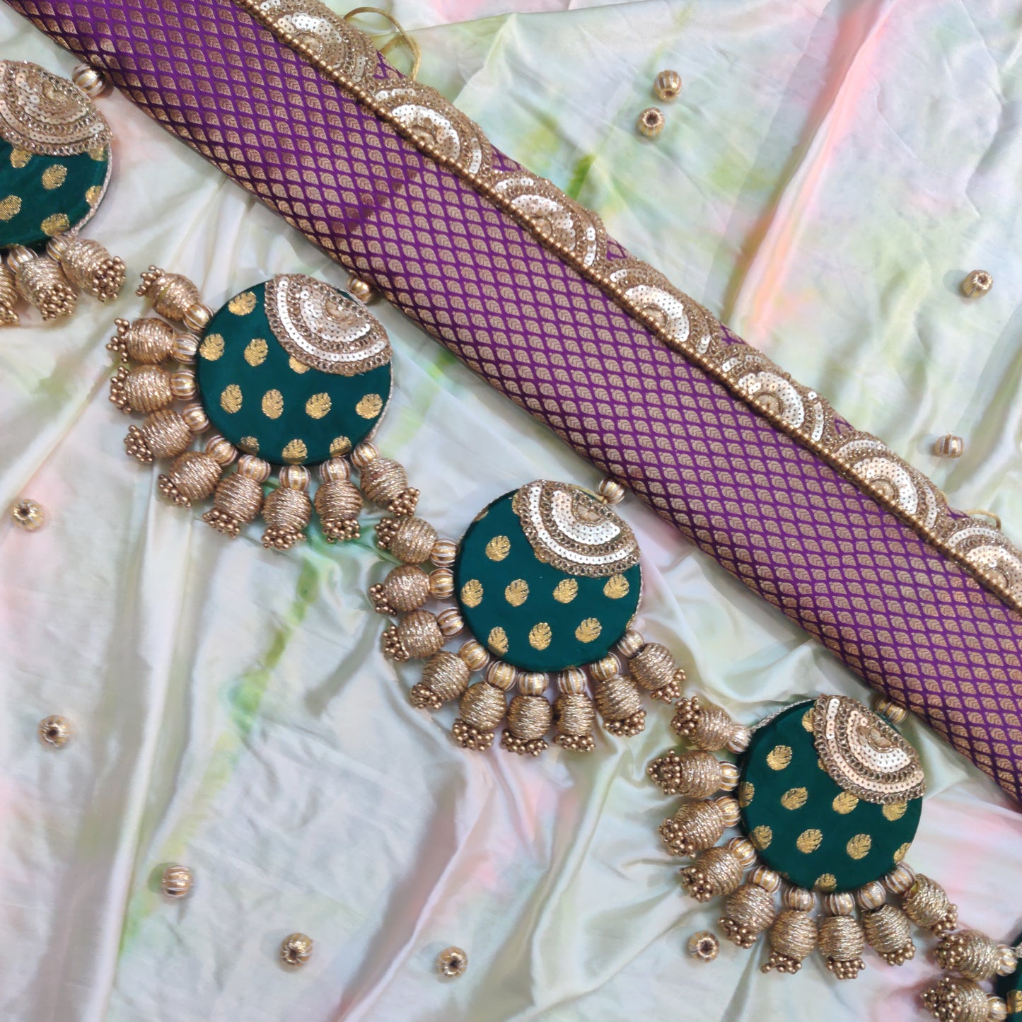 Classic - long sides - Ardhchandrama or Circular pendant Toran - Gulabi Hara - small motifs brocade toran