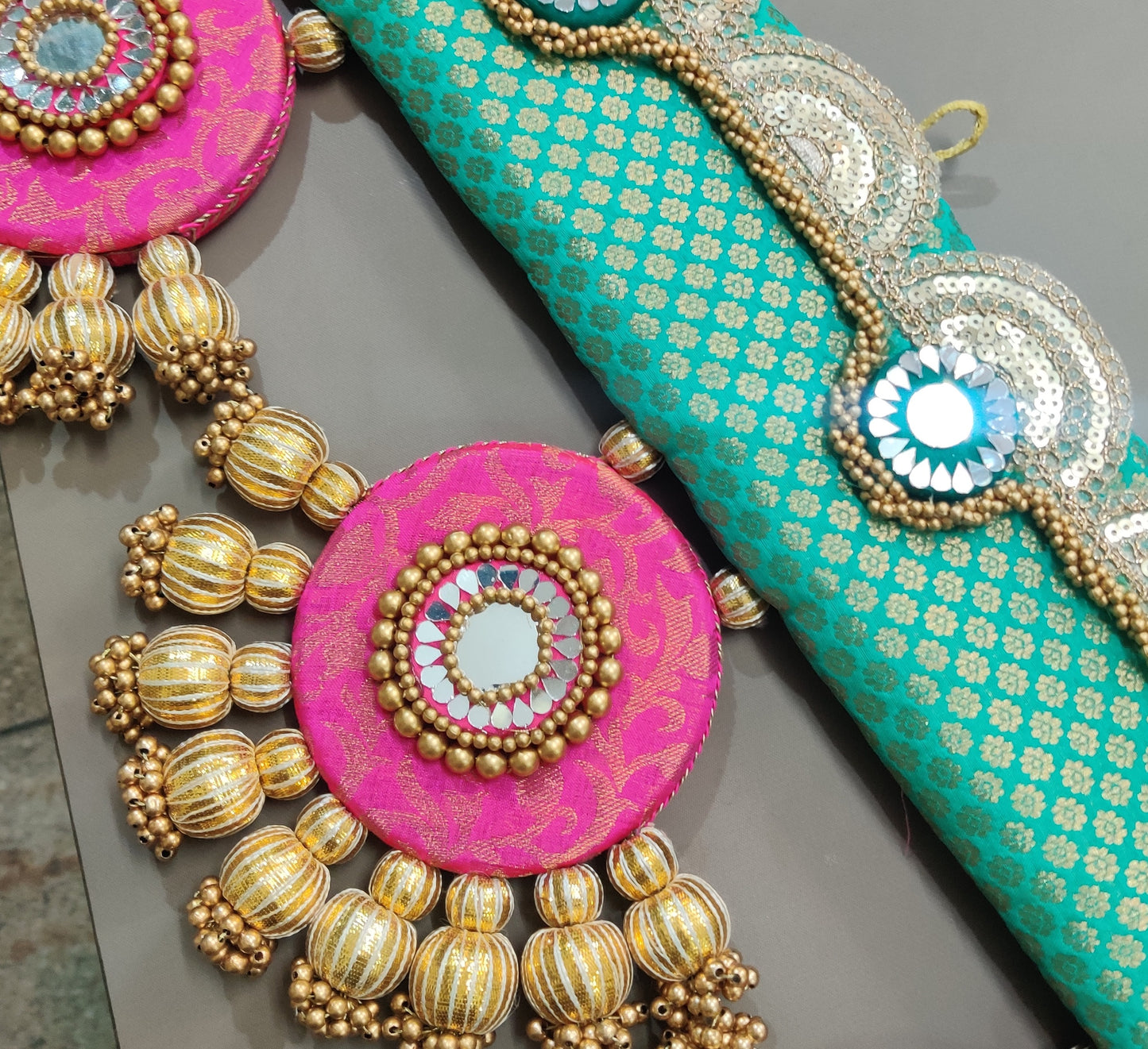 Exclusive - Ardhchandrama or Circular pendant Toran - Cyan Gulabi - small motifs brocade toran