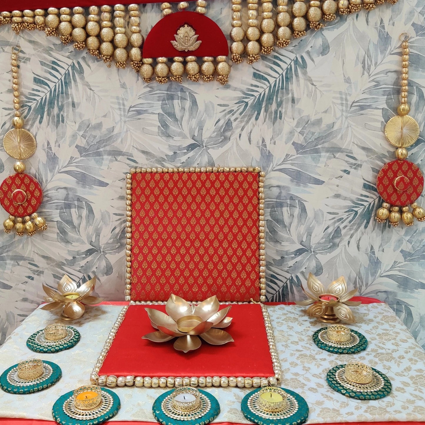 Red Radiance Decor Set: Toran, Backdrop, Side Hangings & Tealight Holder Ensemble