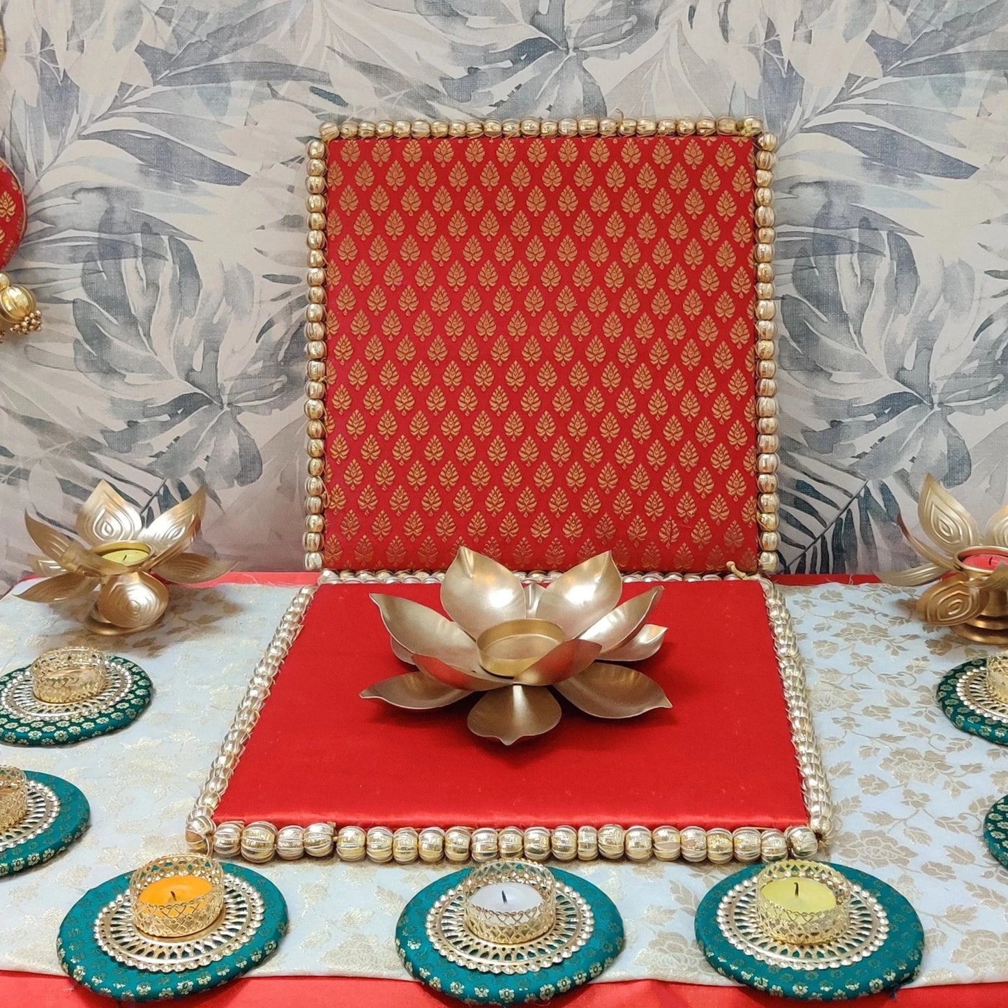 Red Radiance Decor Set: Toran, Backdrop, Side Hangings & Tealight Holder Ensemble
