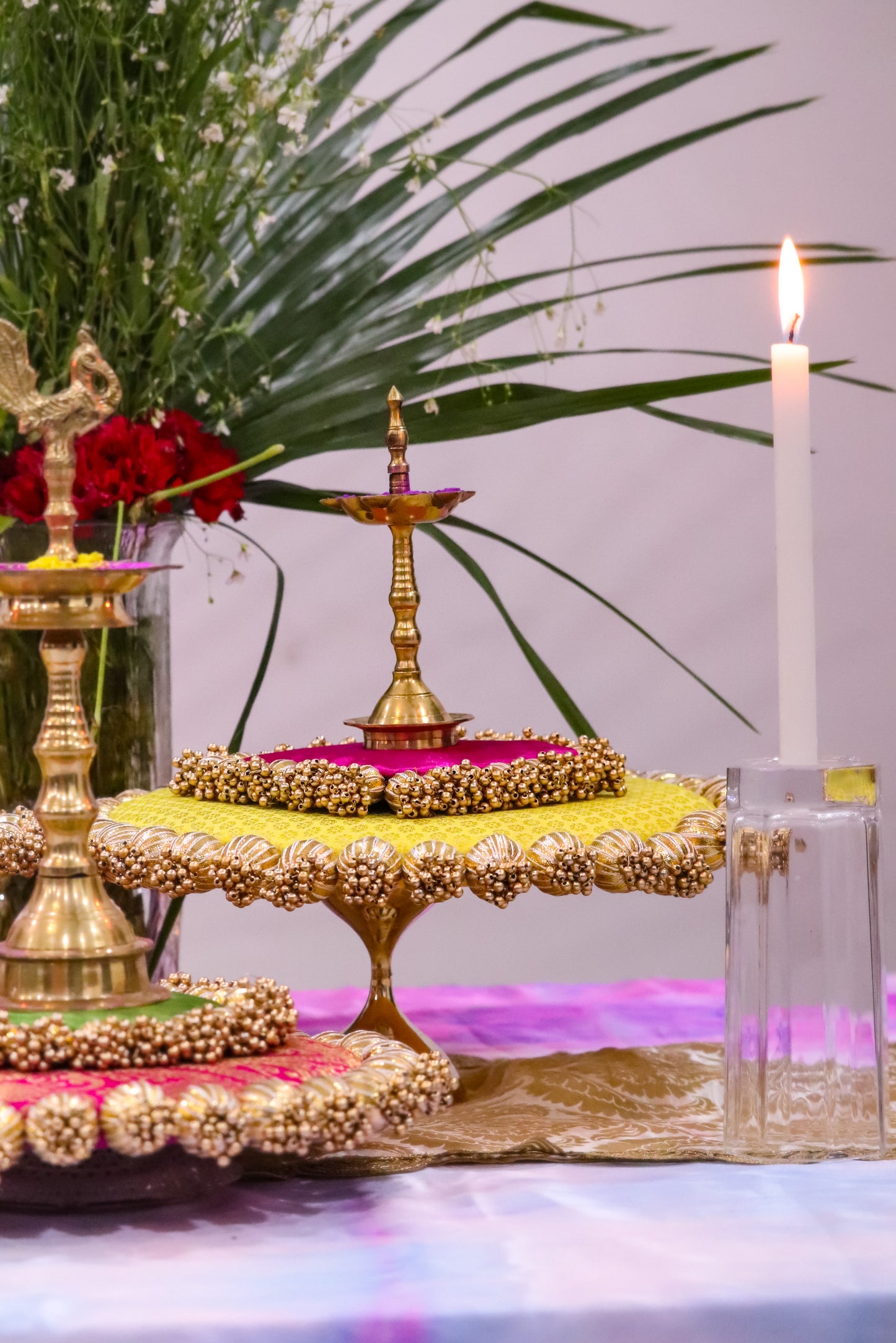 Sunny Blooms: Yellow and Pink Placemat Set with Brass Stands