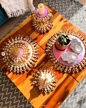Blush Pink & Pastel Green Wooden Beads Placemat Set: Elegant 6-Piece Dining Ensemble