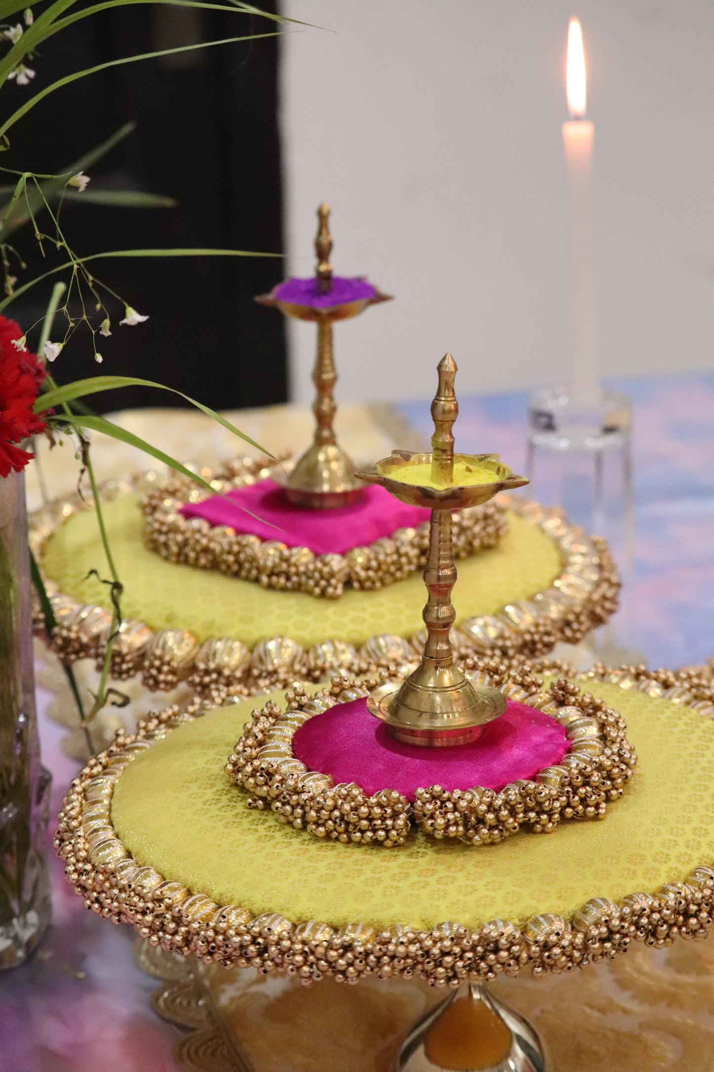 Sunny Blooms: Yellow and Pink Placemat Set with Brass Stands