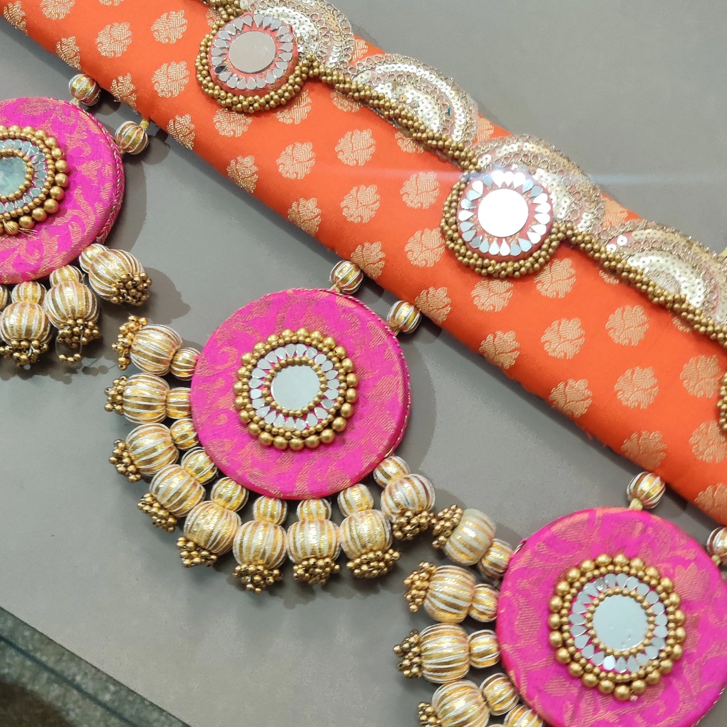 Exclusive - Ardhchandrama or Circular pendant Toran - Orange gulabi - small motifs brocade toran