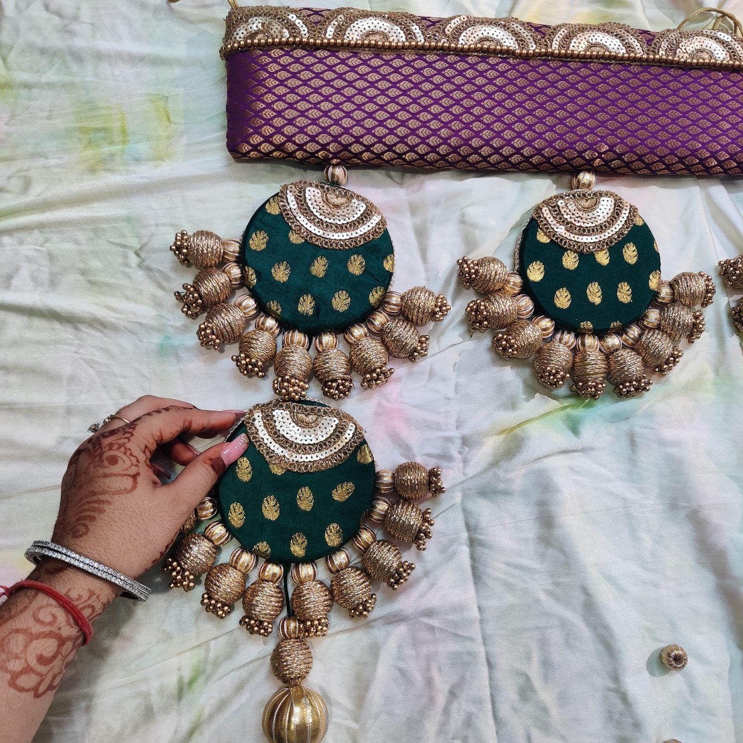 Classic - long sides - Ardhchandrama or Circular pendant Toran - Gulabi Hara - small motifs brocade toran