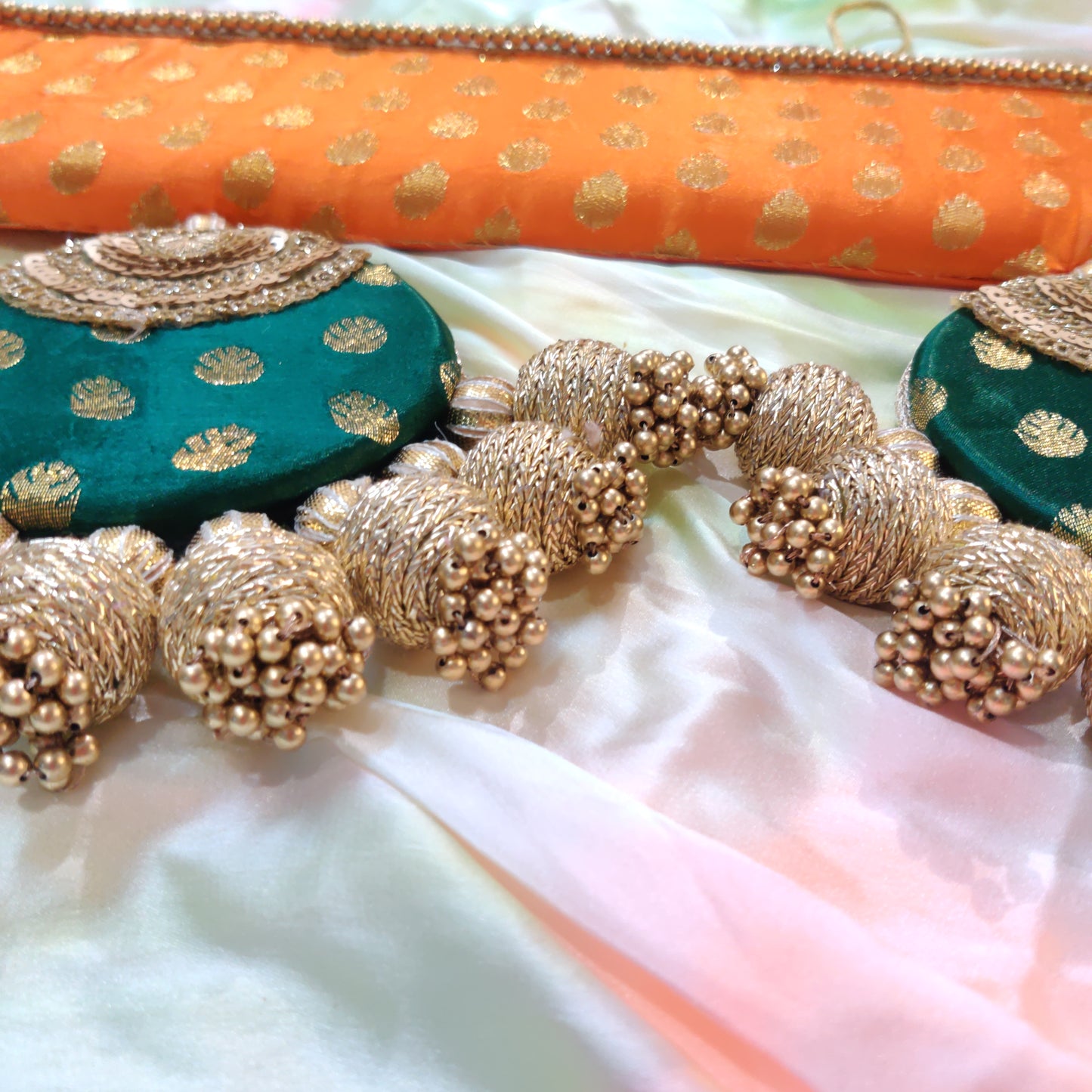 Classic - long sides - Ardhchandrama or Circular pendant Toran - Narangi Hara - small motifs brocade toran