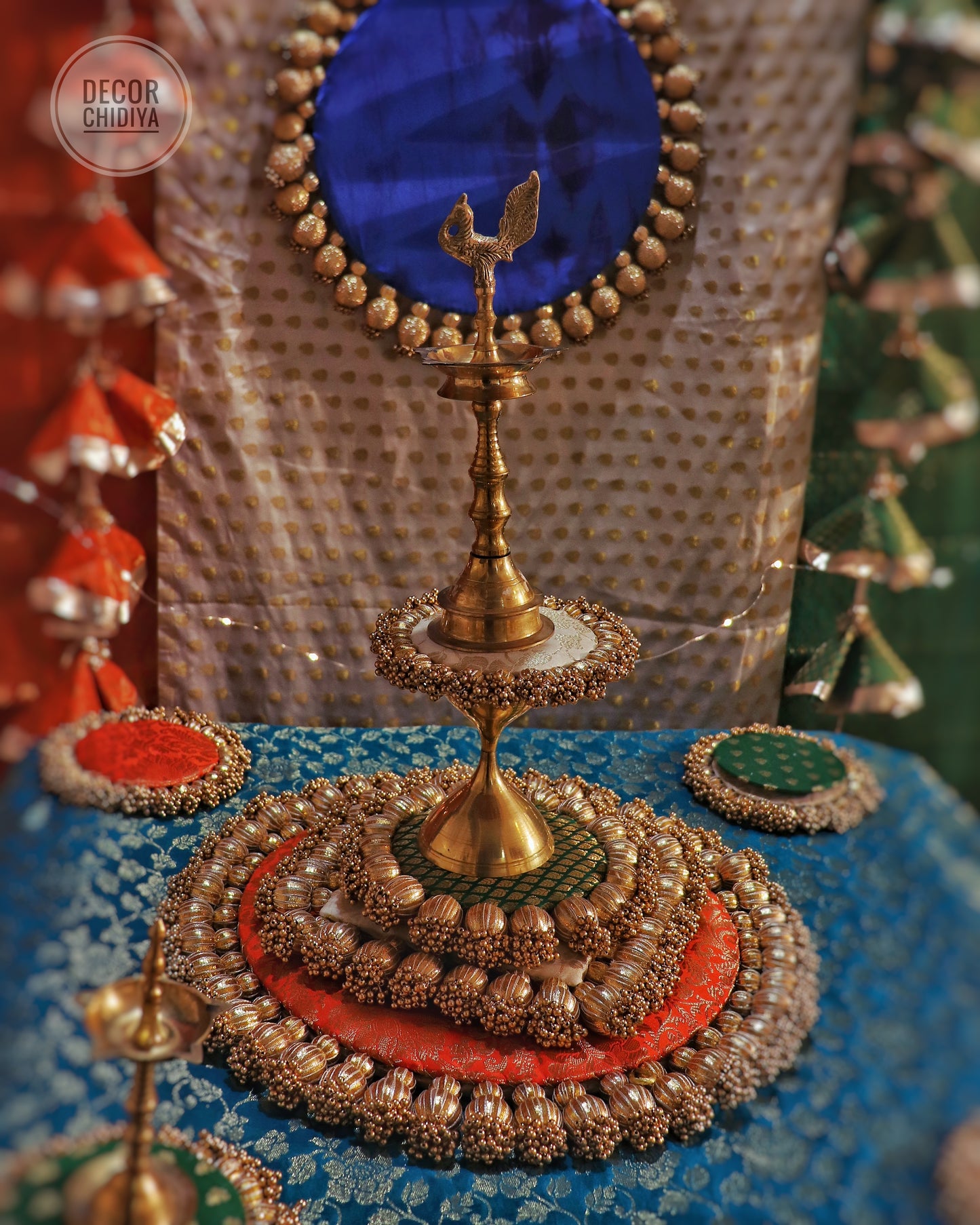Boho Chic Ensemble: Multicolor Placemat with Gota Tassels, Brass Décor, and Mini Hangings Set