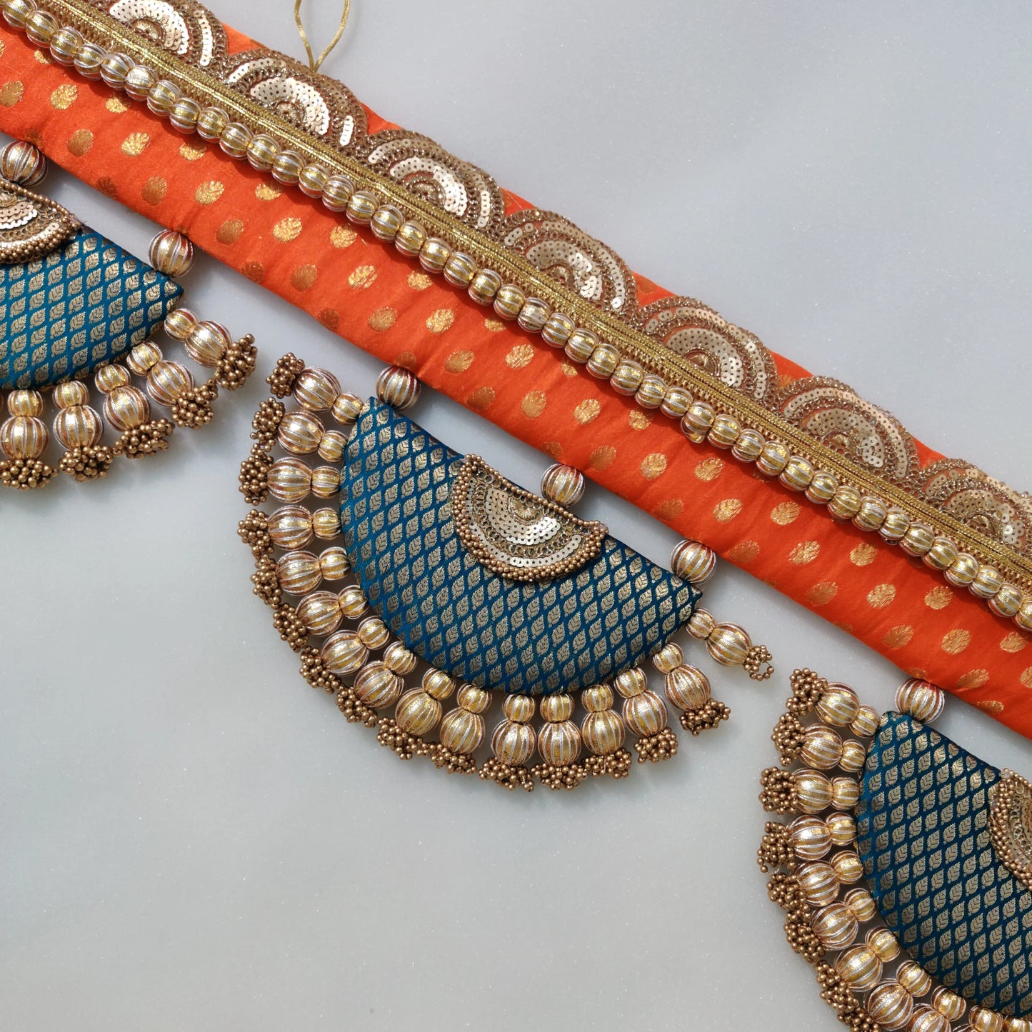 Classic Adhruv or halfmoon Toran -Narangi aur Mor ranga - small motifs brocade toran