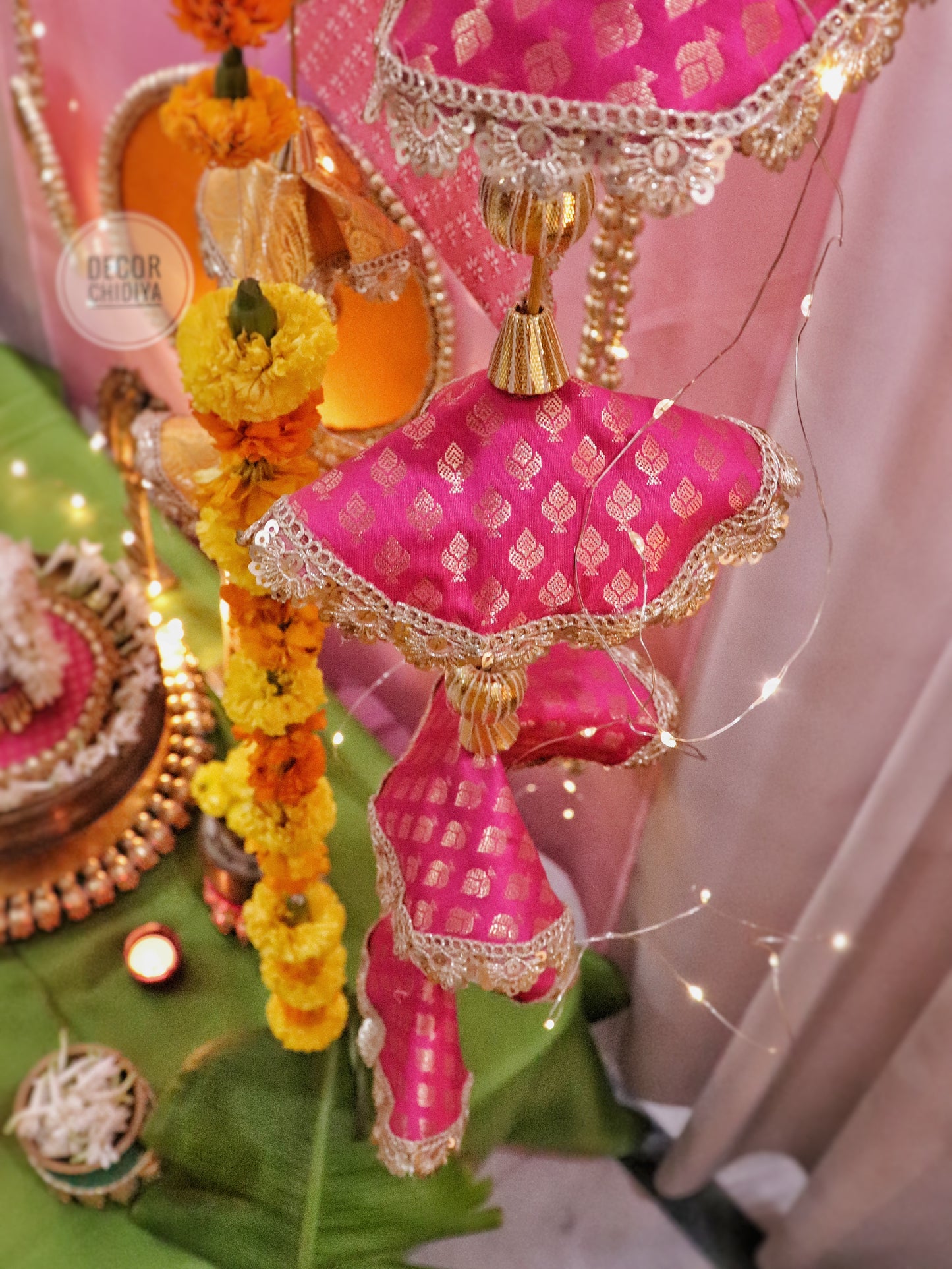Aangan Mein Aarti - Pastel theme kolam inspired pooja setup - Pink, yellow and green