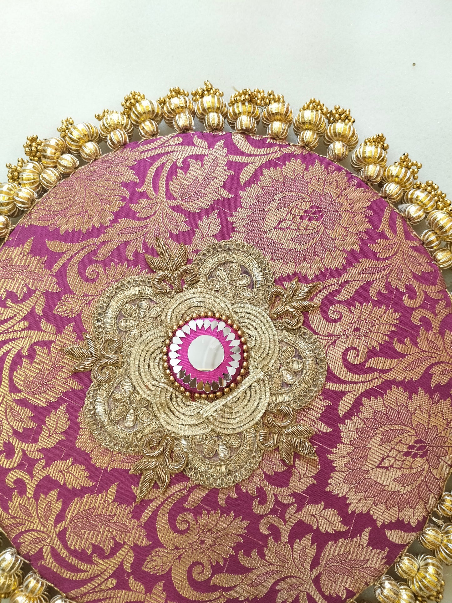 Mandala Placemat – Guabi pink Dabka Flower | Various Sizes | Handcrafted Banarasi Decor