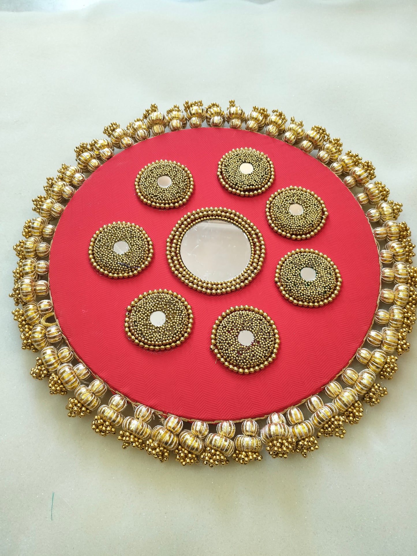 Mandala Placemat – Red Dabka Flower | Various Sizes | Handcrafted Banarasi Decor