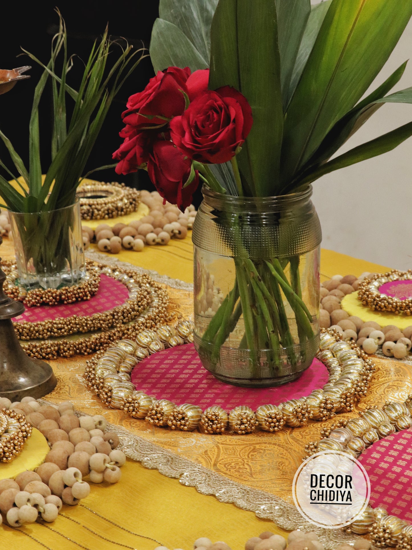 Abha – Haldi and Table Decor Set in Yellow & Pink | Indian Festive Tablescape Styling Kit ( complete set - 21 pcs)