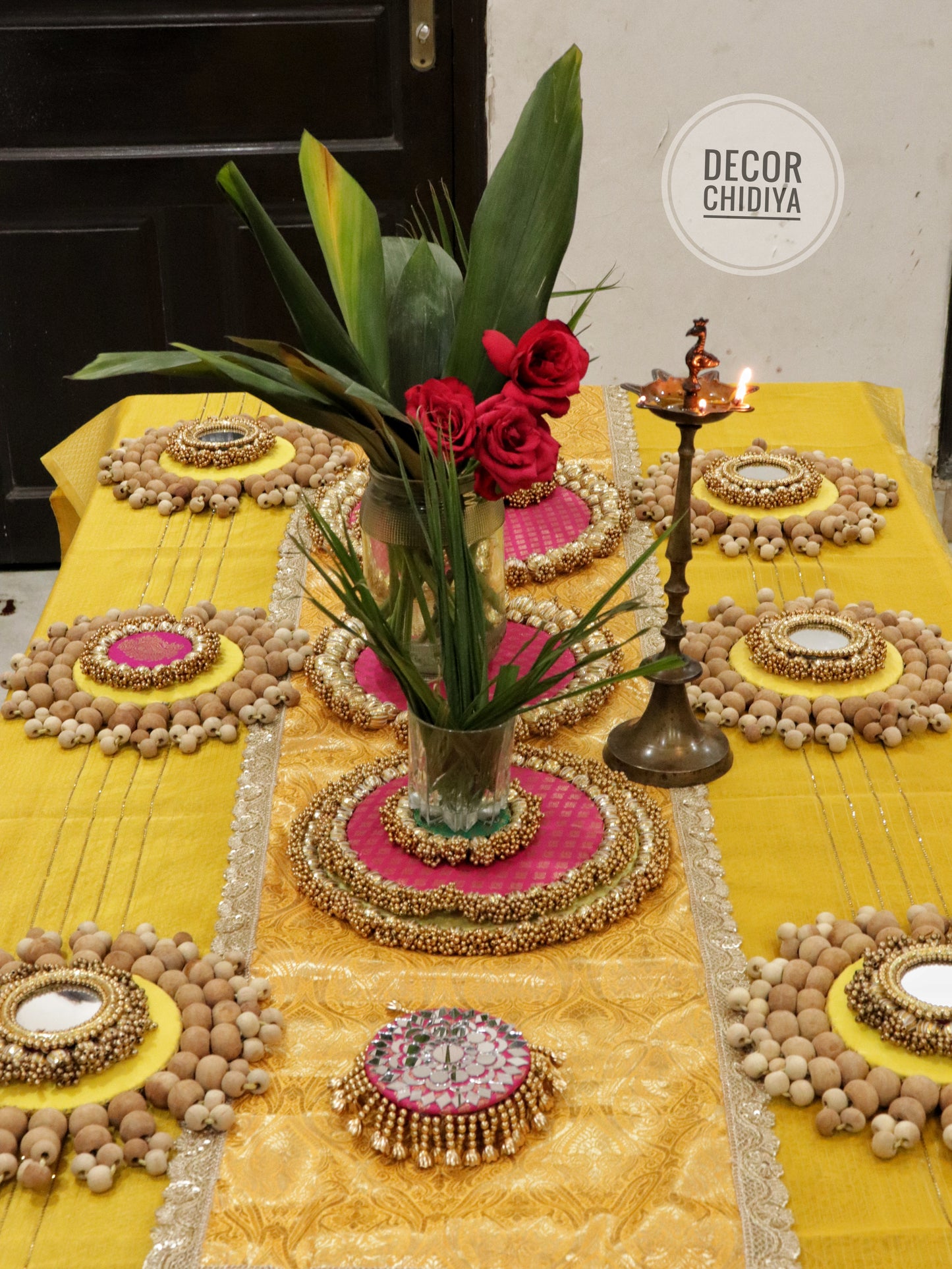 Abha – Haldi and Table Decor Set in Yellow & Pink | Indian Festive Tablescape Styling Kit ( complete set - 21 pcs)