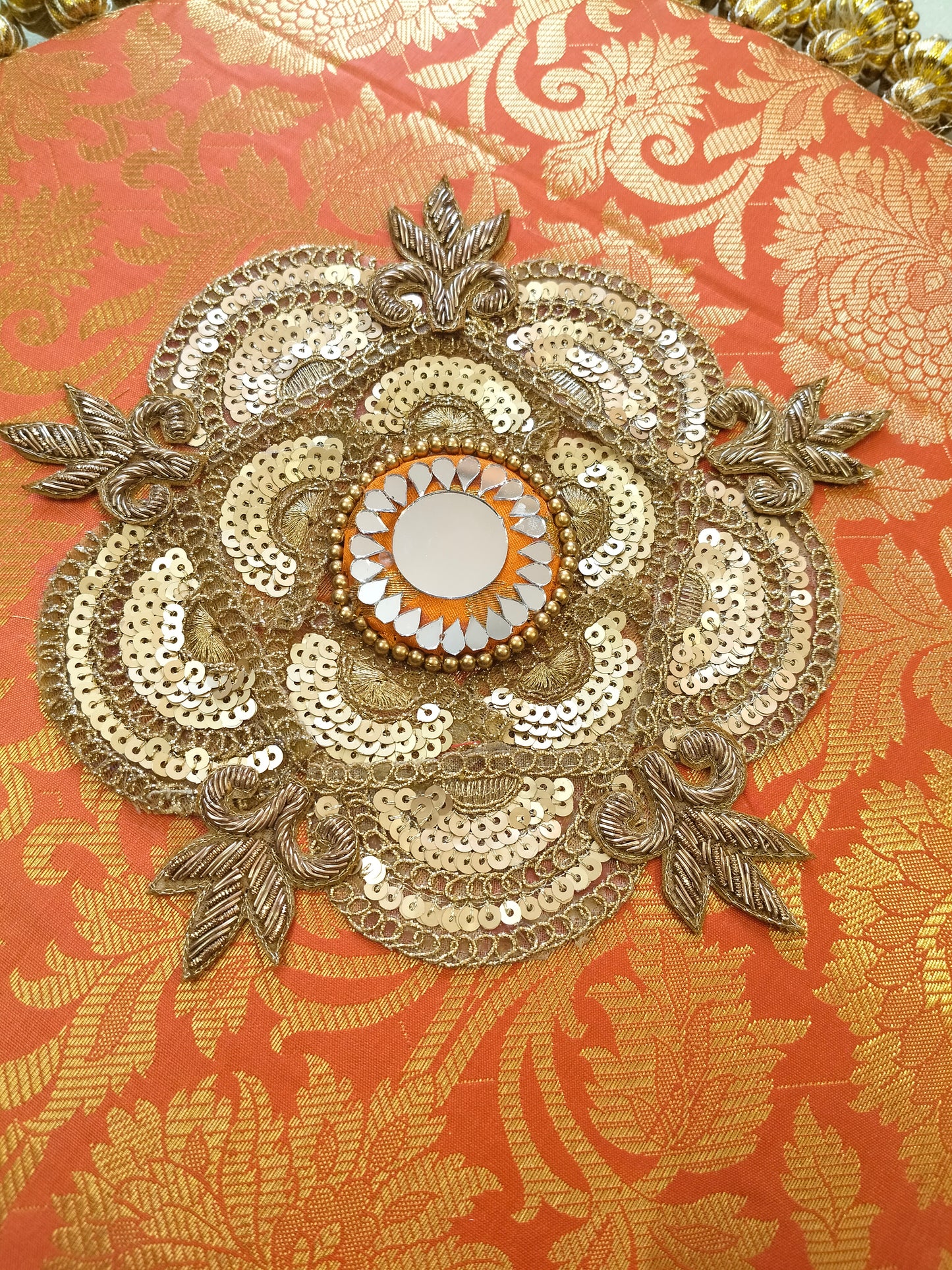 Mandala Placemat – Orange Dabka Flower | Various Sizes | Handcrafted Banarasi Decor