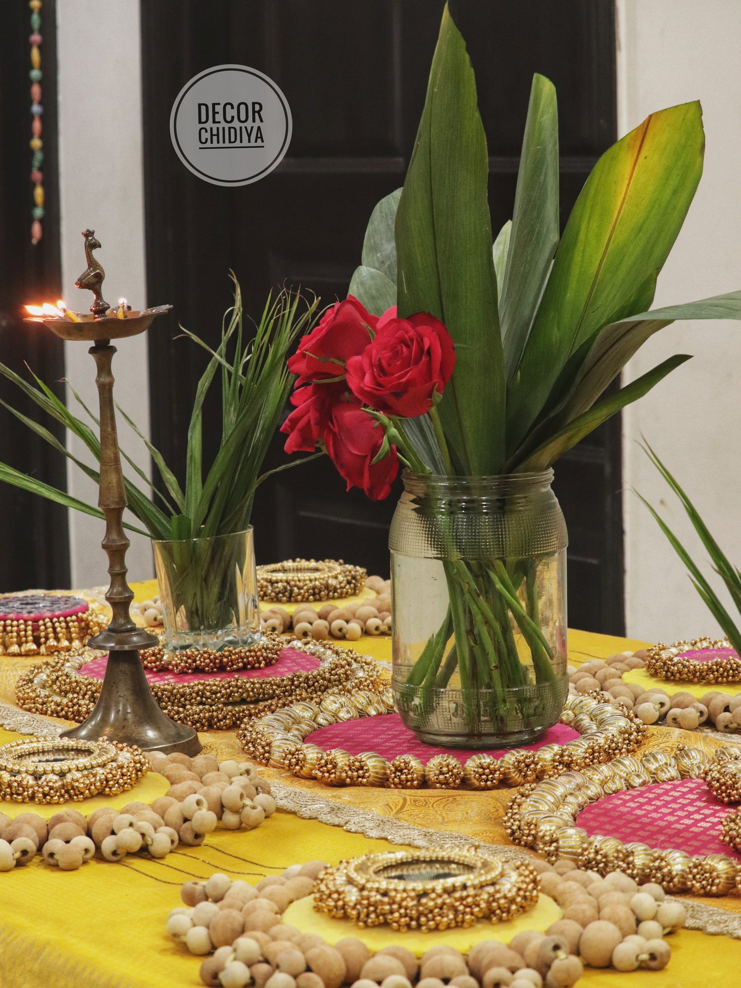 Abha – Haldi and Table Decor Set in Yellow & Pink | Indian Festive Tablescape Styling Kit ( complete set - 21 pcs)