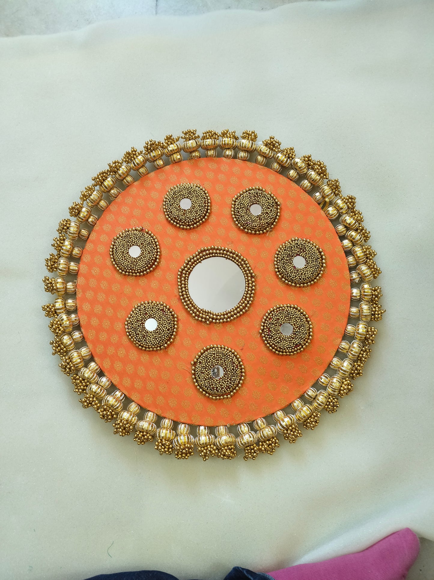 Mandala Placemat – Orange Dabka Flower | Various Sizes | Handcrafted Banarasi Decor