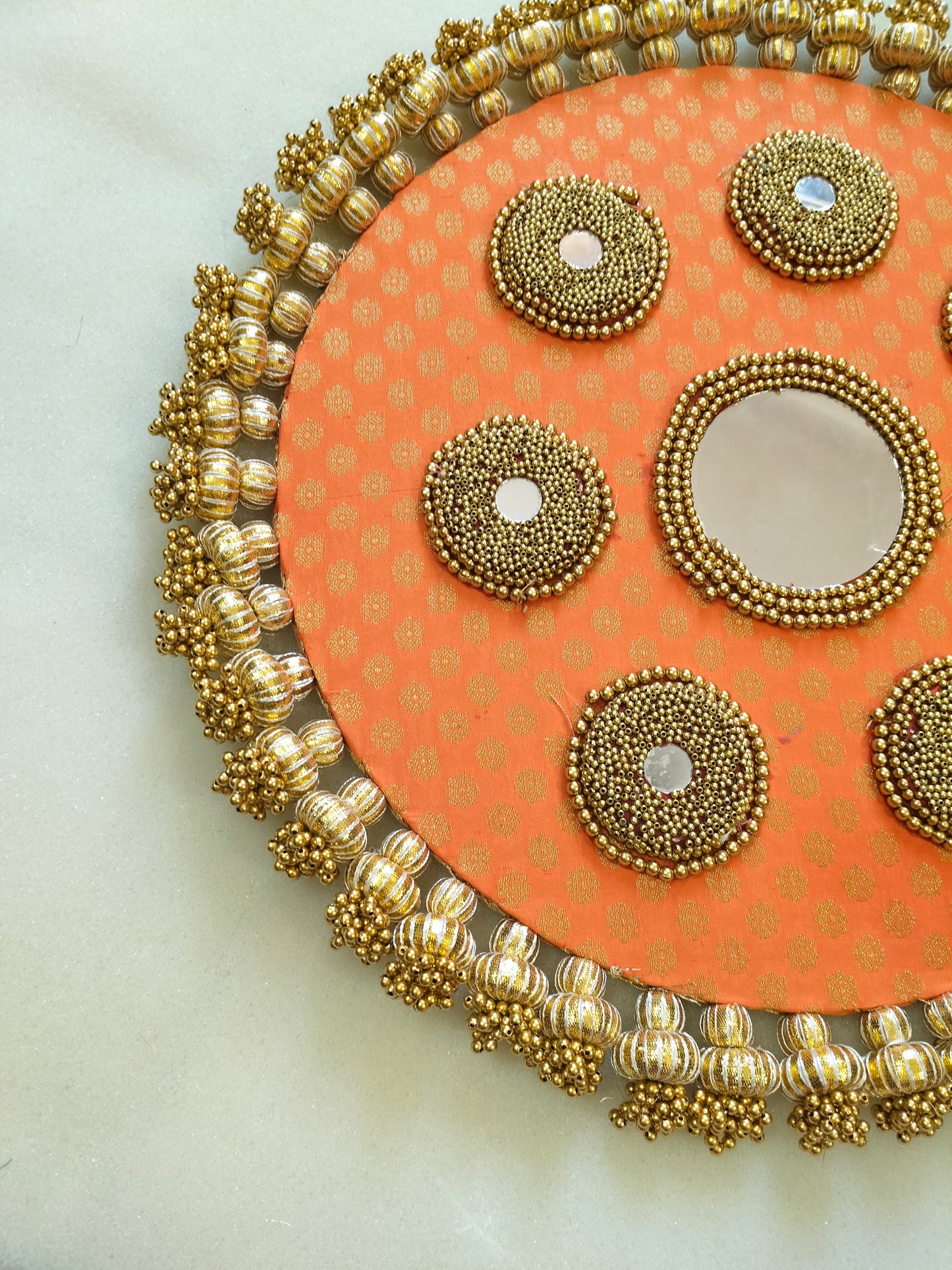 Mandala Placemat – Orange Dabka Flower | Various Sizes | Handcrafted Banarasi Decor
