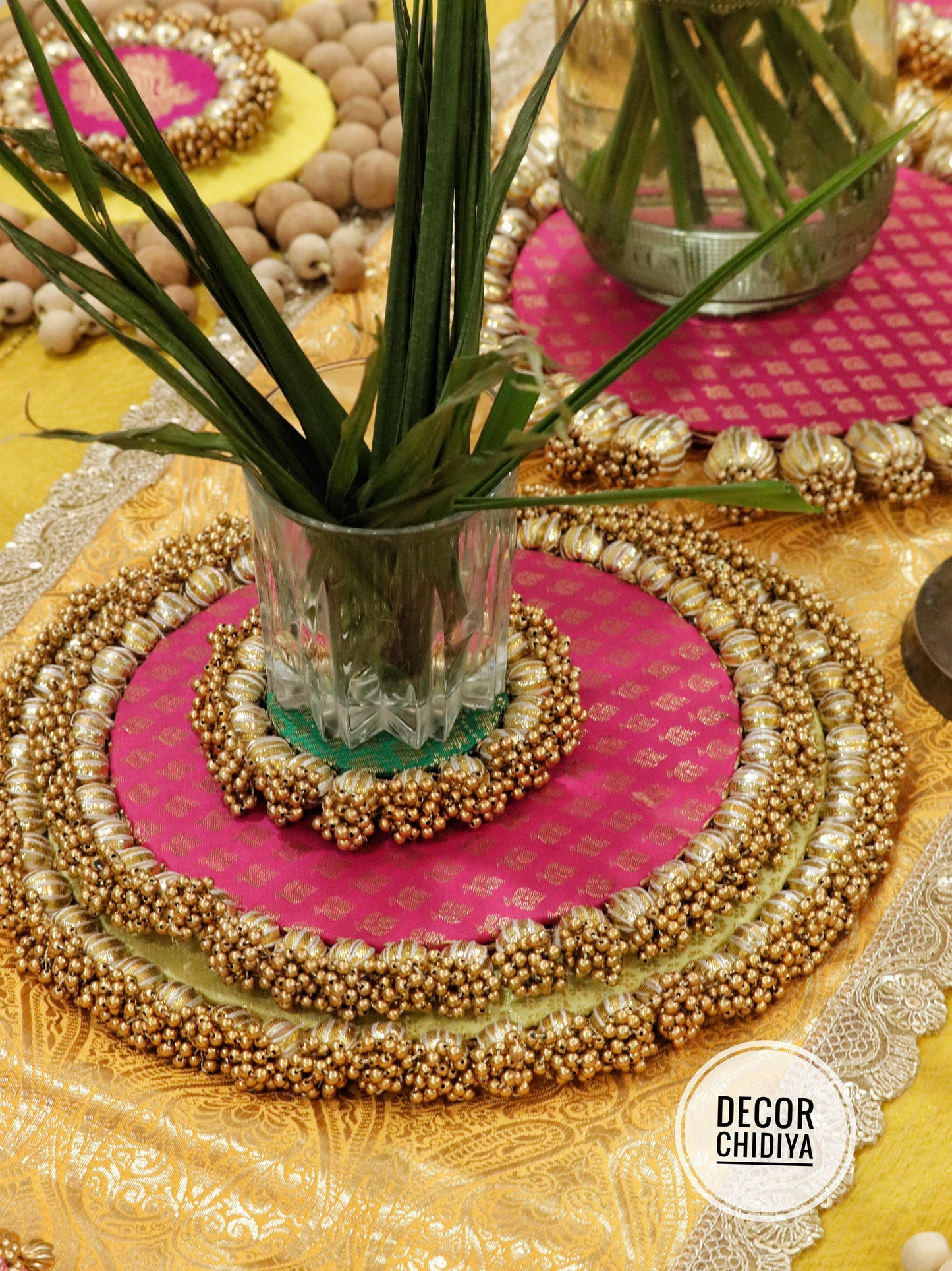 Abha – Haldi and Table Decor Set in Yellow & Pink | Indian Festive Tablescape Styling Kit ( complete set - 21 pcs)