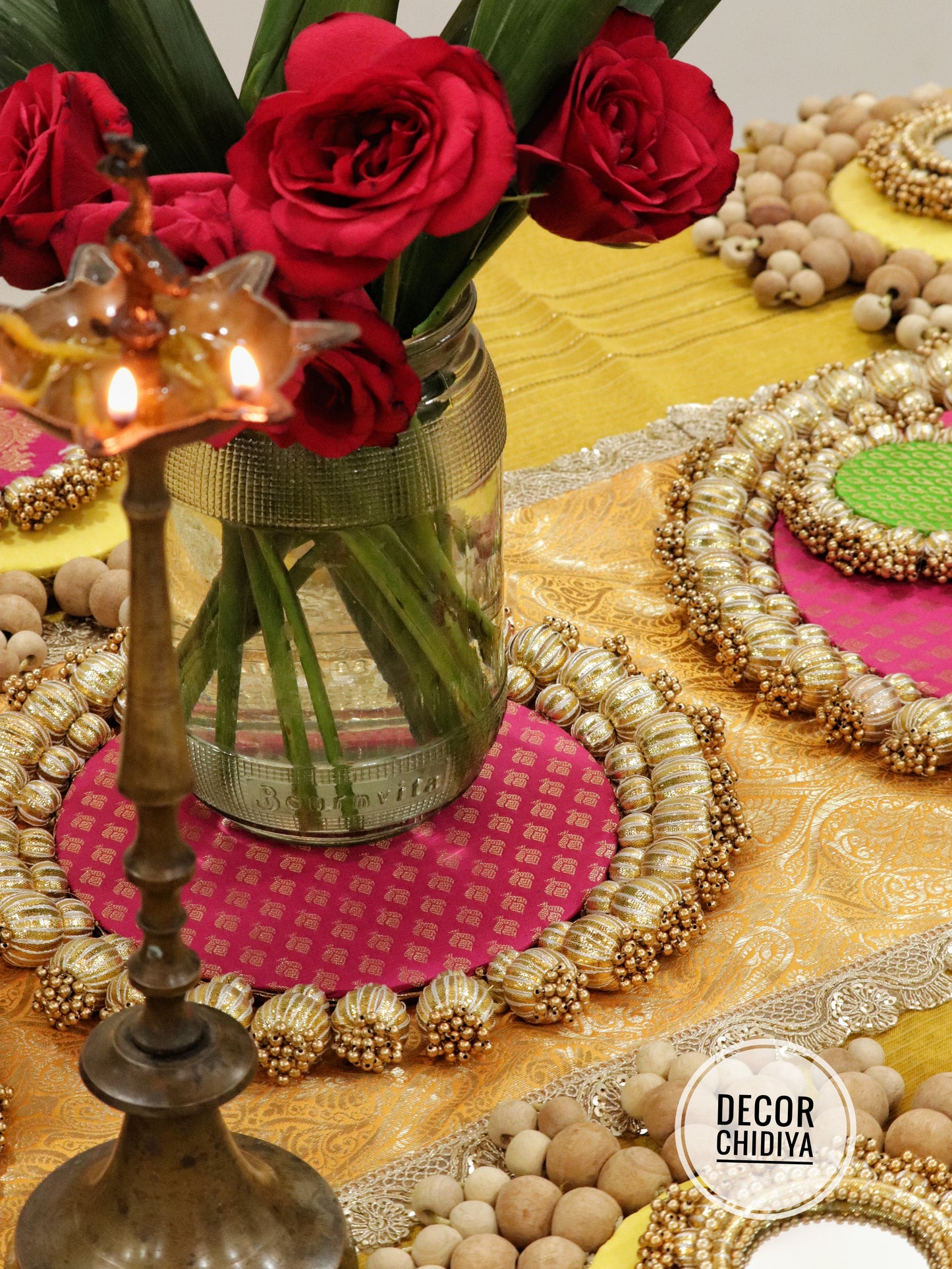 Abha – Haldi and Table Decor Set in Yellow & Pink | Indian Festive Tablescape Styling Kit ( complete set - 21 pcs)