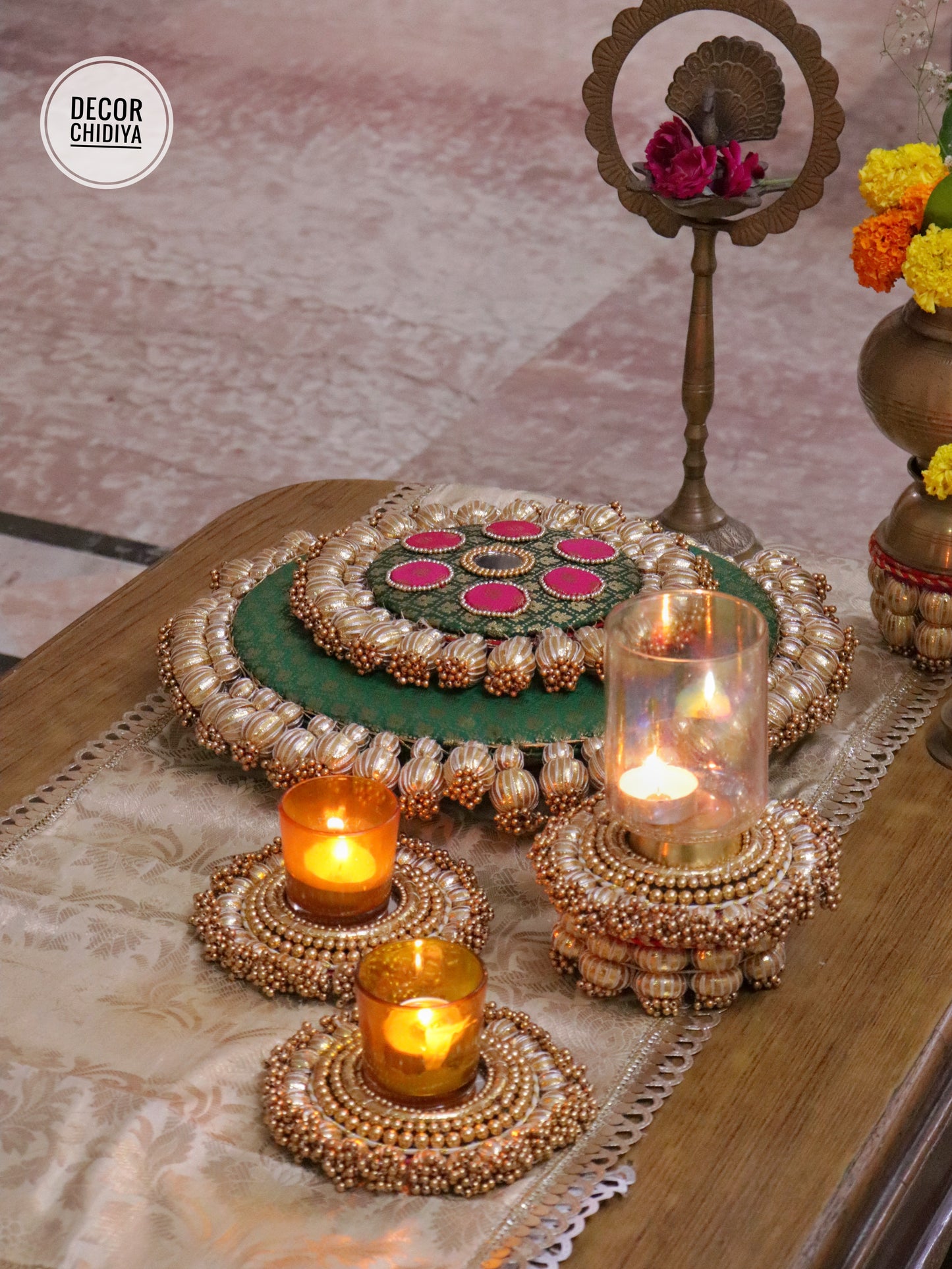 Mandala Coffee Table Decor Set – Green & Gold Placemat, Runner | Handmade Festive & Pooja Styling