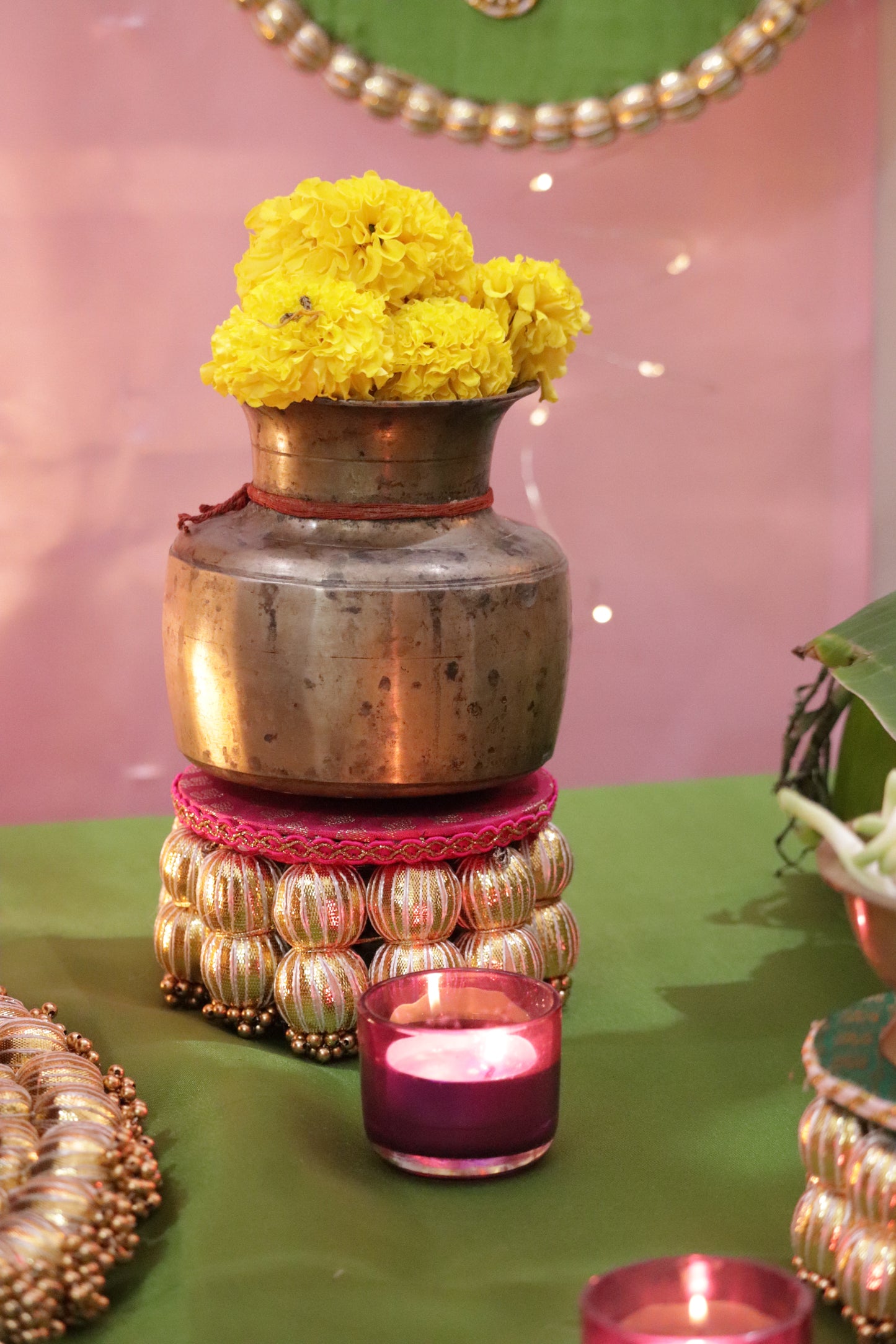 Aangan Mein Aarti - Pastel theme kolam inspired pooja setup - Pink, yellow and green