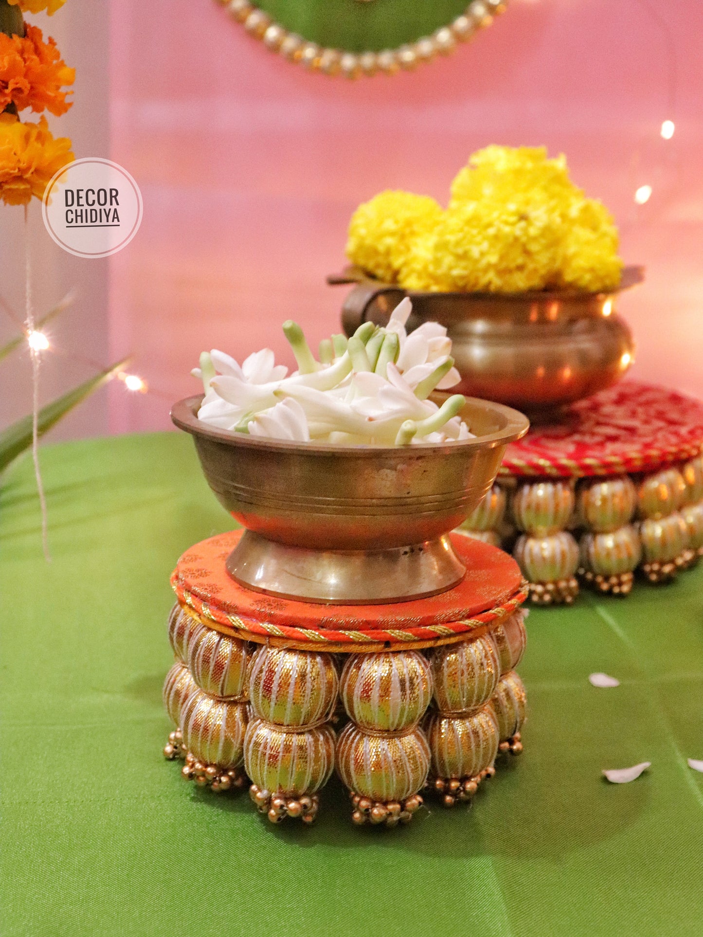 Aangan Mein Aarti - Pastel theme kolam inspired pooja setup - Pink, yellow and green