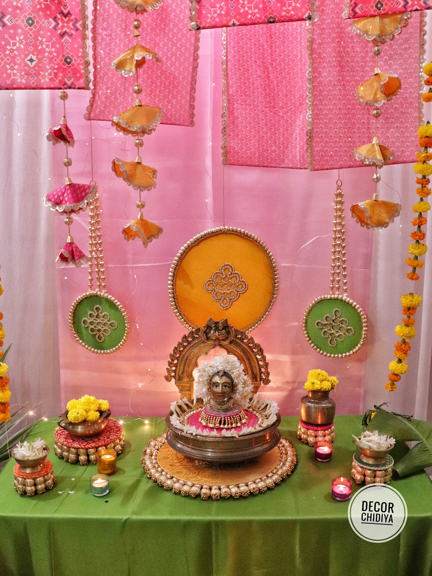 Aangan Mein Aarti - Pastel theme kolam inspired pooja setup - Pink, yellow and green