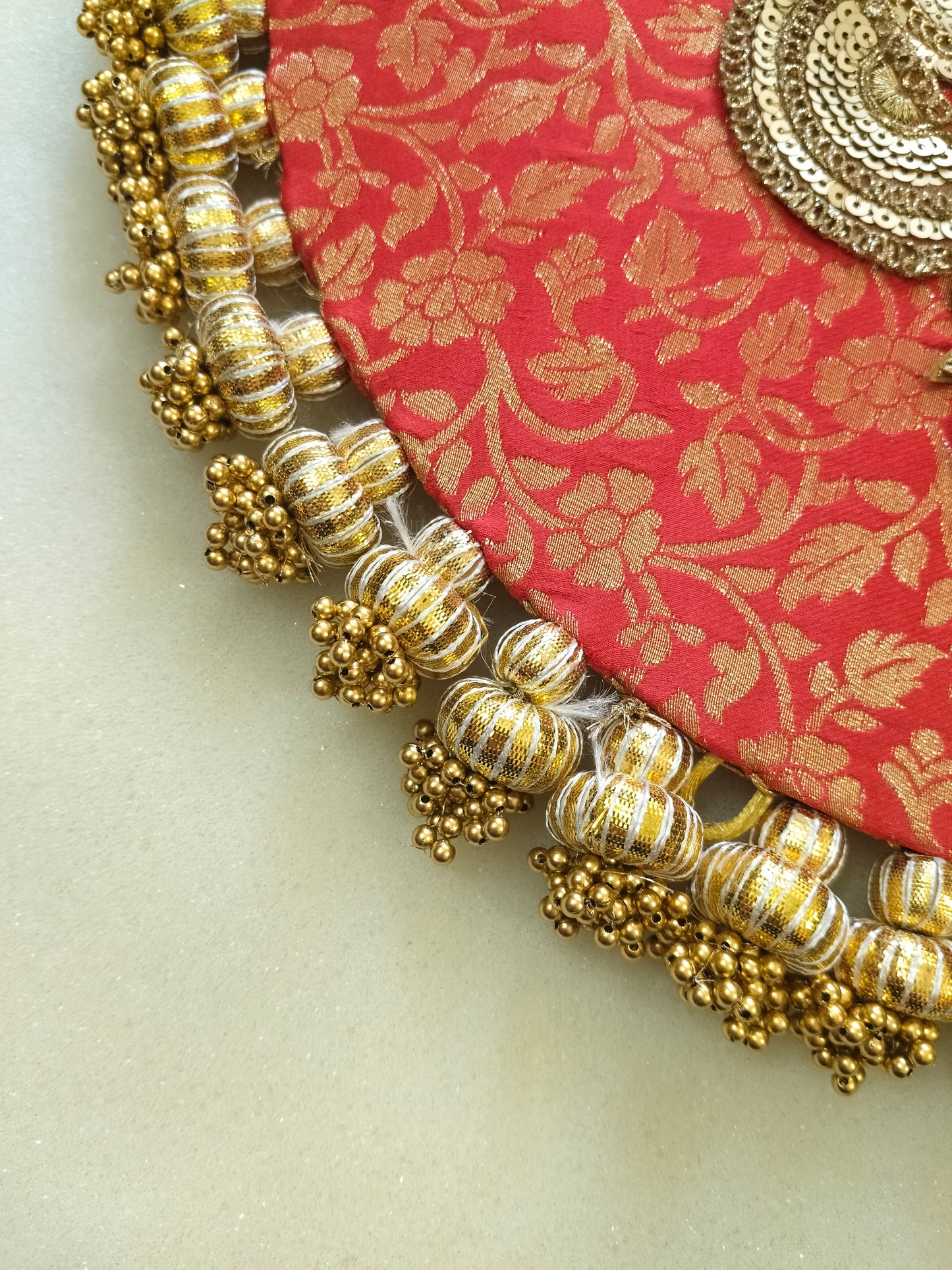 Mandala Placemat – Red Dabka Flower | Various Sizes | Handcrafted Banarasi Decor