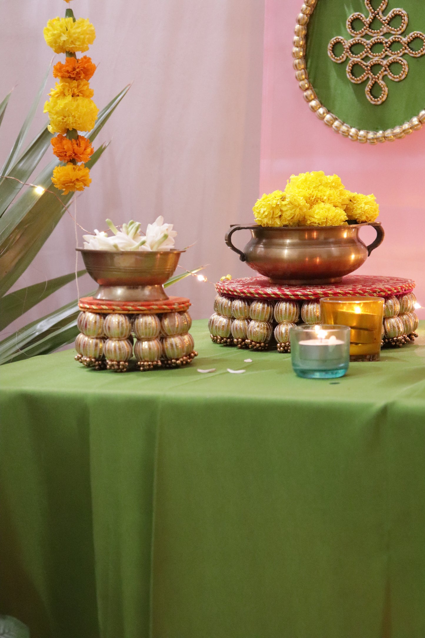 Aangan Mein Aarti - Pastel theme kolam inspired pooja setup - Pink, yellow and green