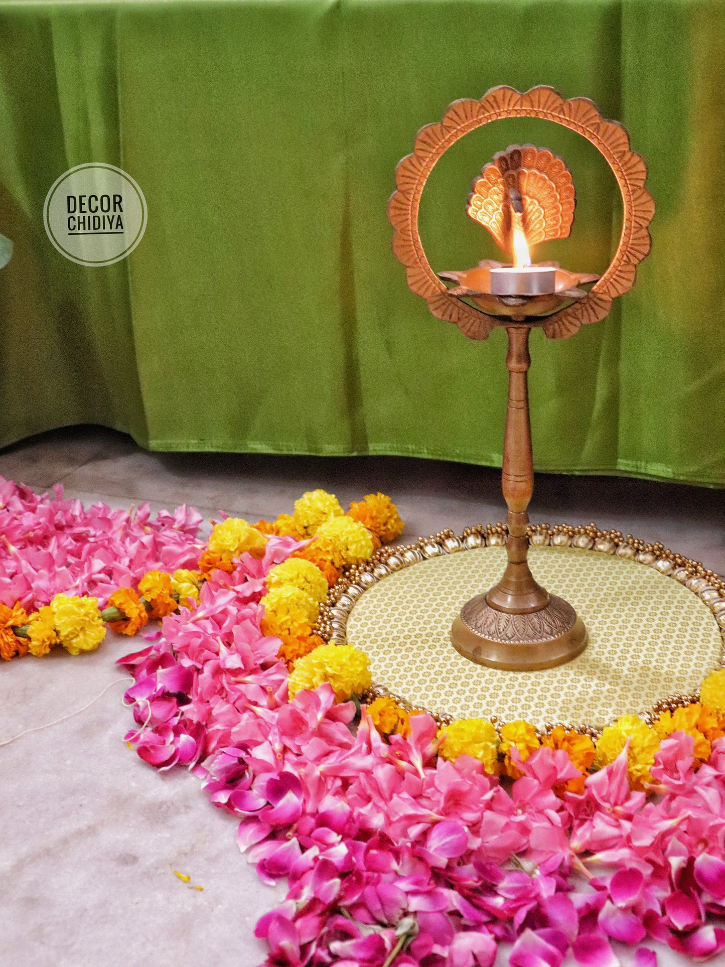 Aangan Mein Aarti - Pastel theme kolam inspired pooja setup - Pink, yellow and green