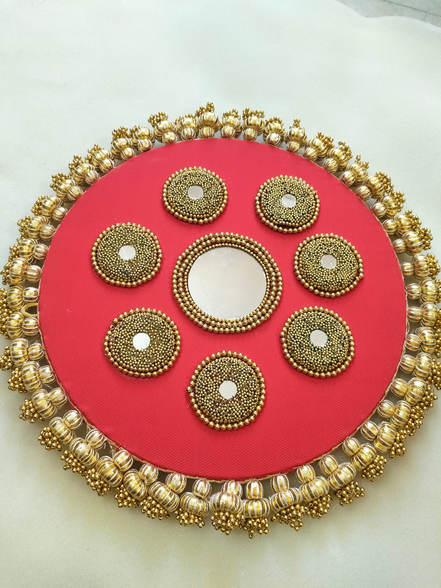 Mandala Placemat – Red Dabka Flower | Various Sizes | Handcrafted Banarasi Decor