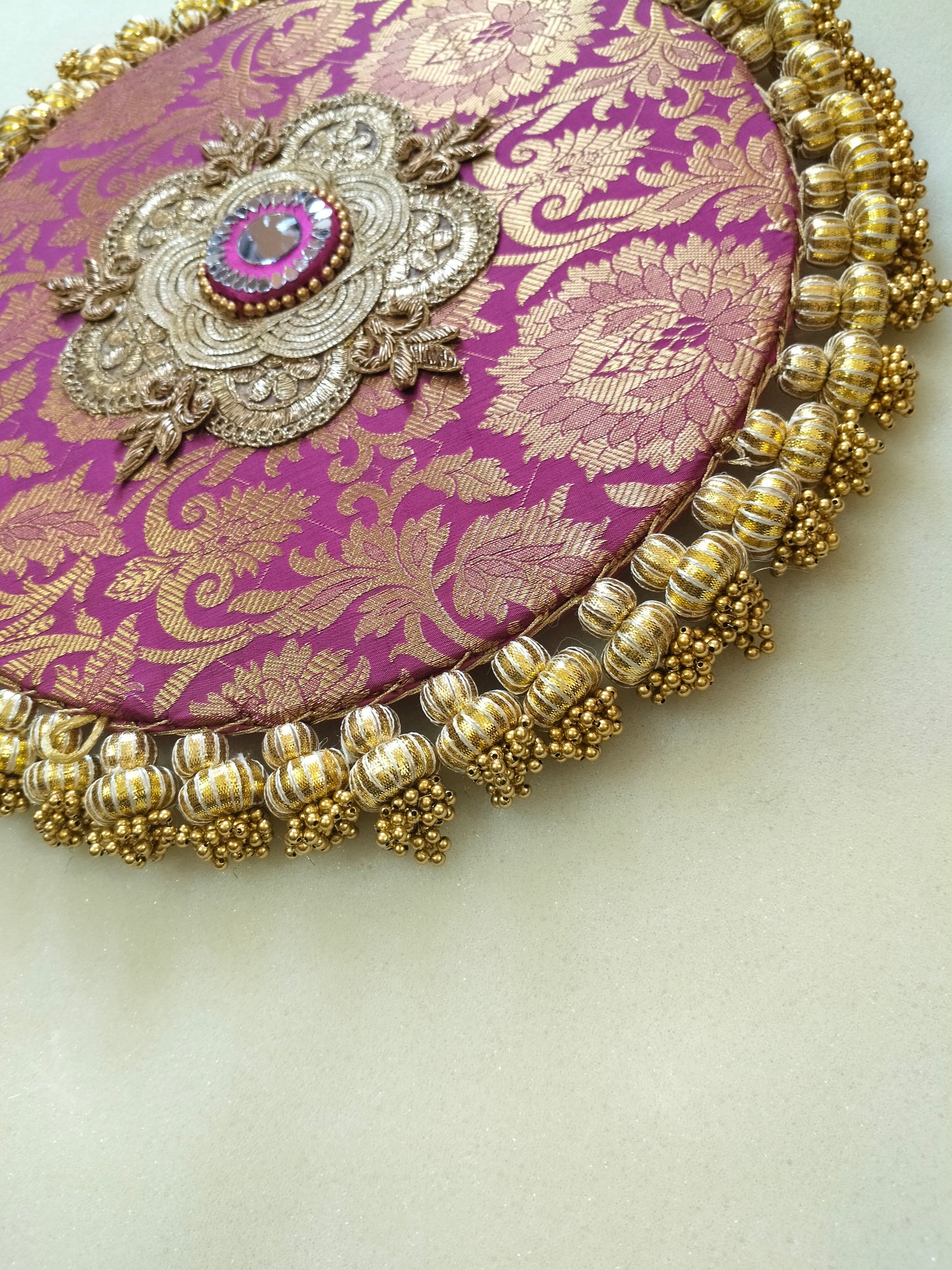 Mandala Placemat – Guabi pink Dabka Flower | Various Sizes | Handcrafted Banarasi Decor