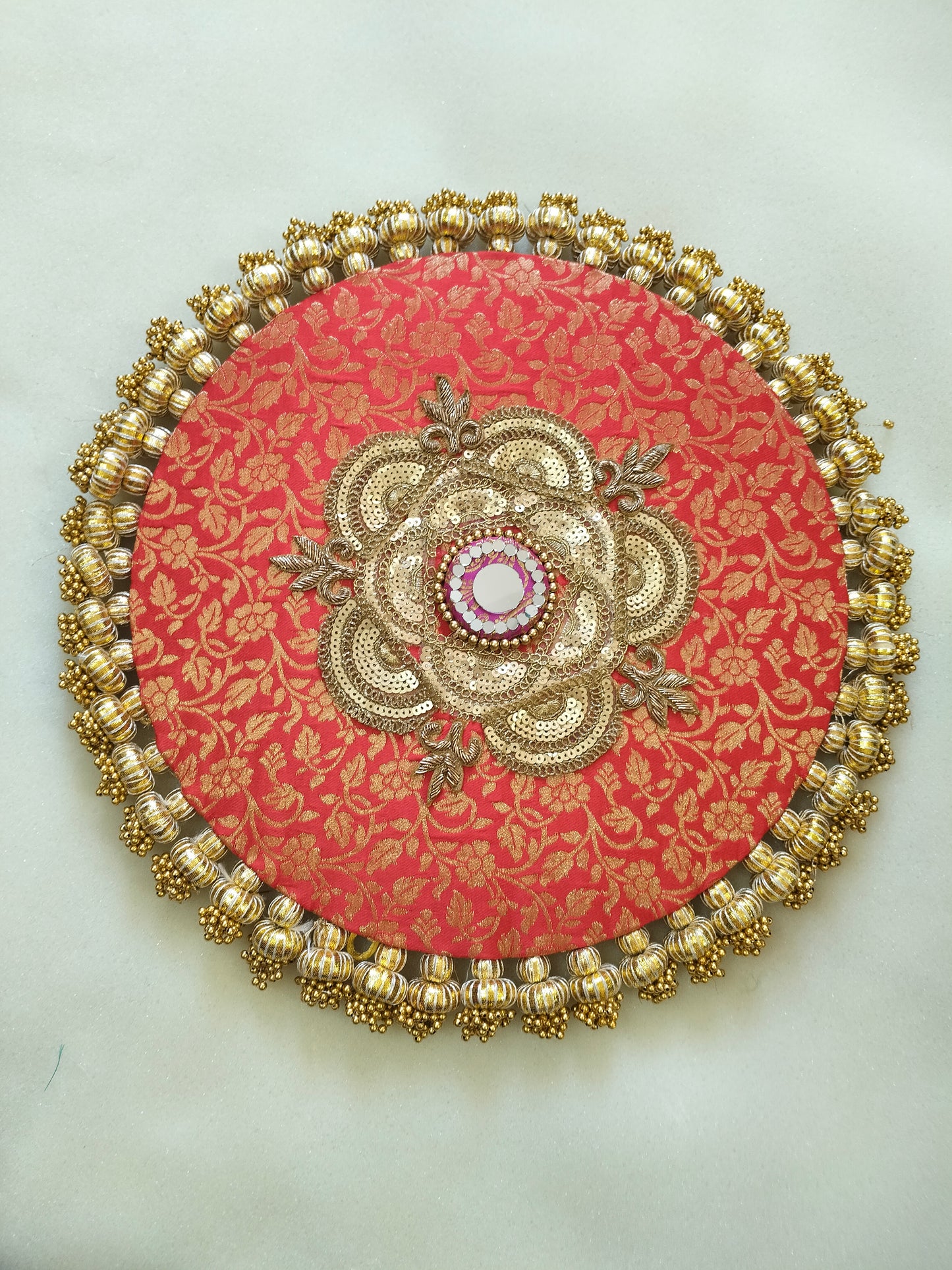 Mandala Placemat – Red Dabka Flower | Various Sizes | Handcrafted Banarasi Decor