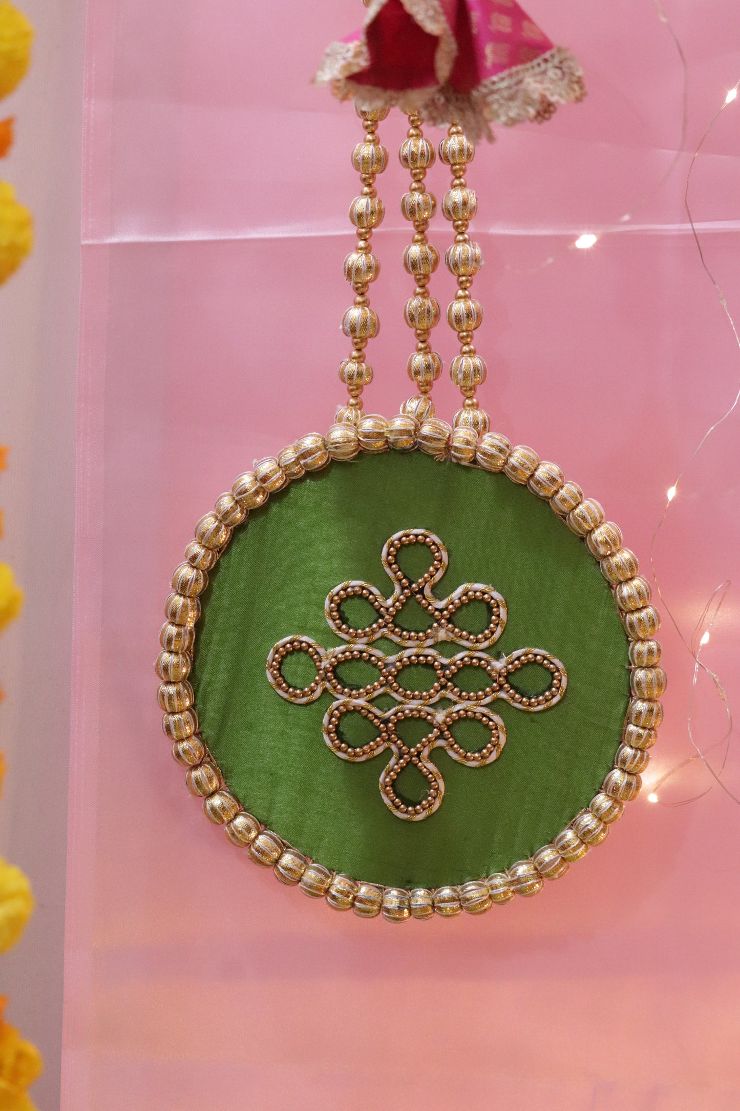 Aangan Mein Aarti - Pastel theme kolam inspired pooja setup - Pink, yellow and green