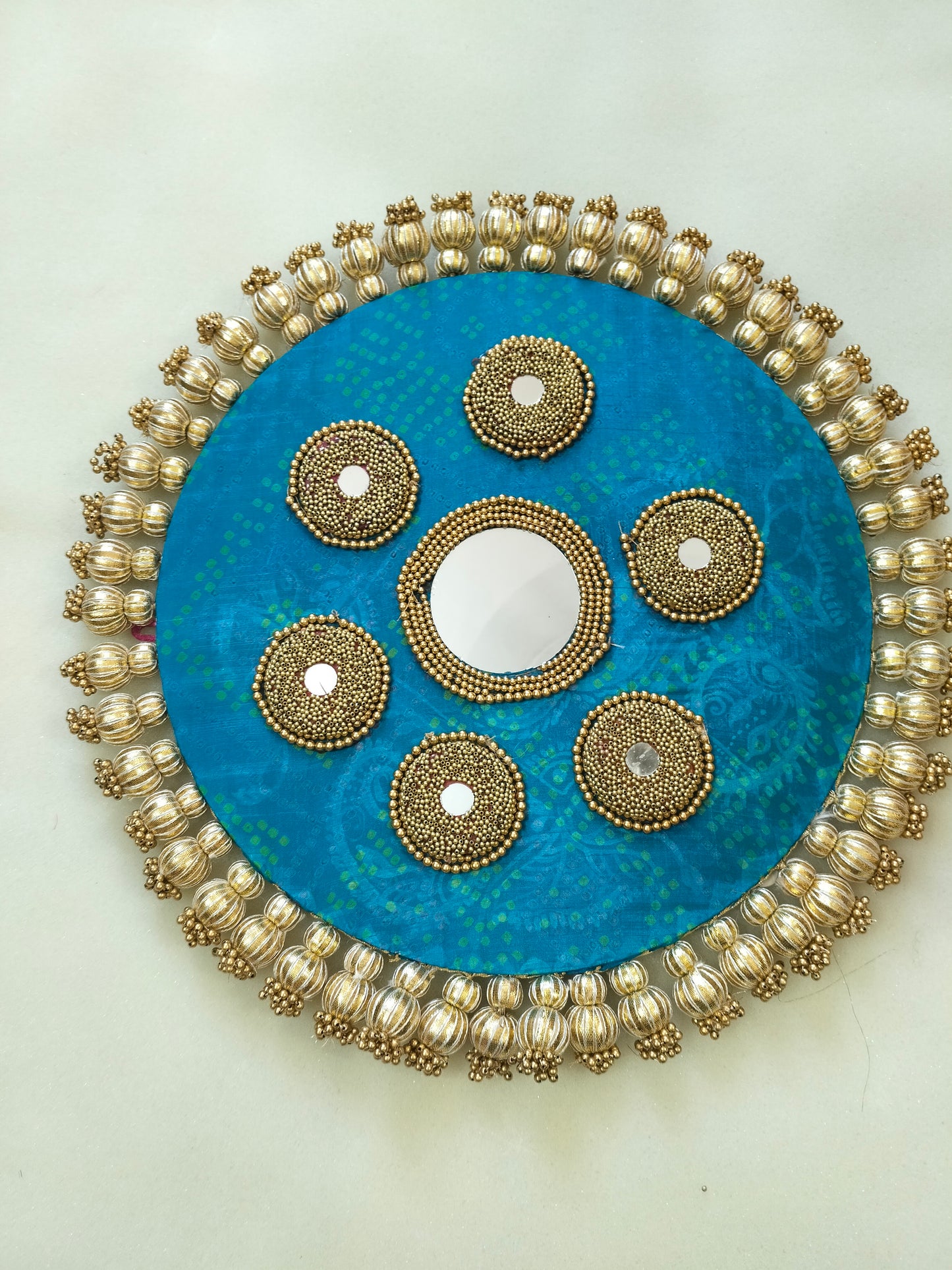 Mandala Placemat – Teal Blue Dabka Flower | Various Sizes | Handcrafted Banarasi Decor