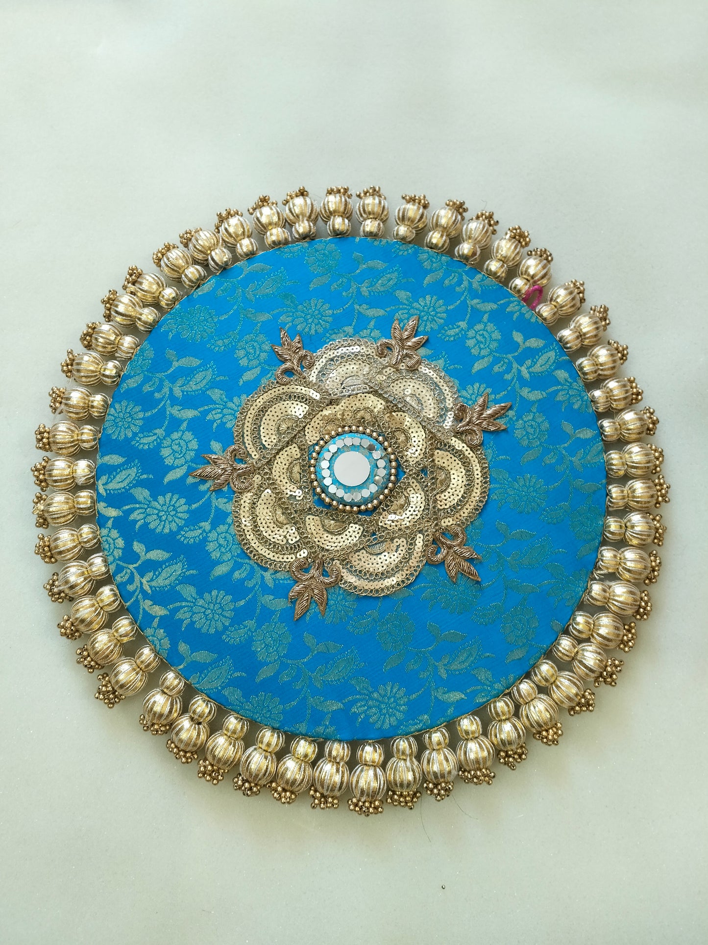 Mandala Placemat – Teal Blue Dabka Flower | Various Sizes | Handcrafted Banarasi Decor