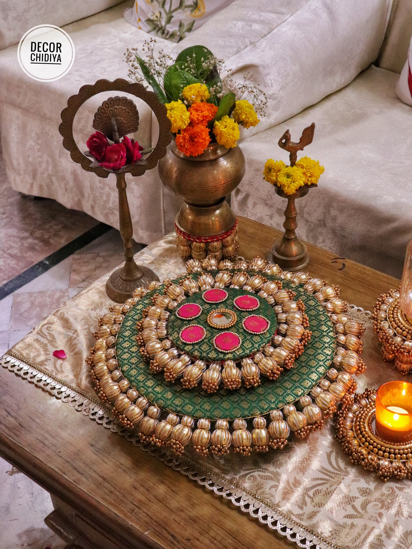Mandala Coffee Table Decor Set – Green & Gold Placemat, Runner | Handmade Festive & Pooja Styling