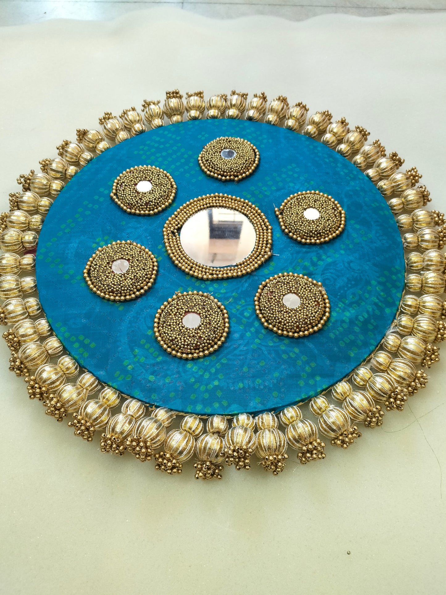 Mandala Placemat – Teal Blue Dabka Flower | Various Sizes | Handcrafted Banarasi Decor